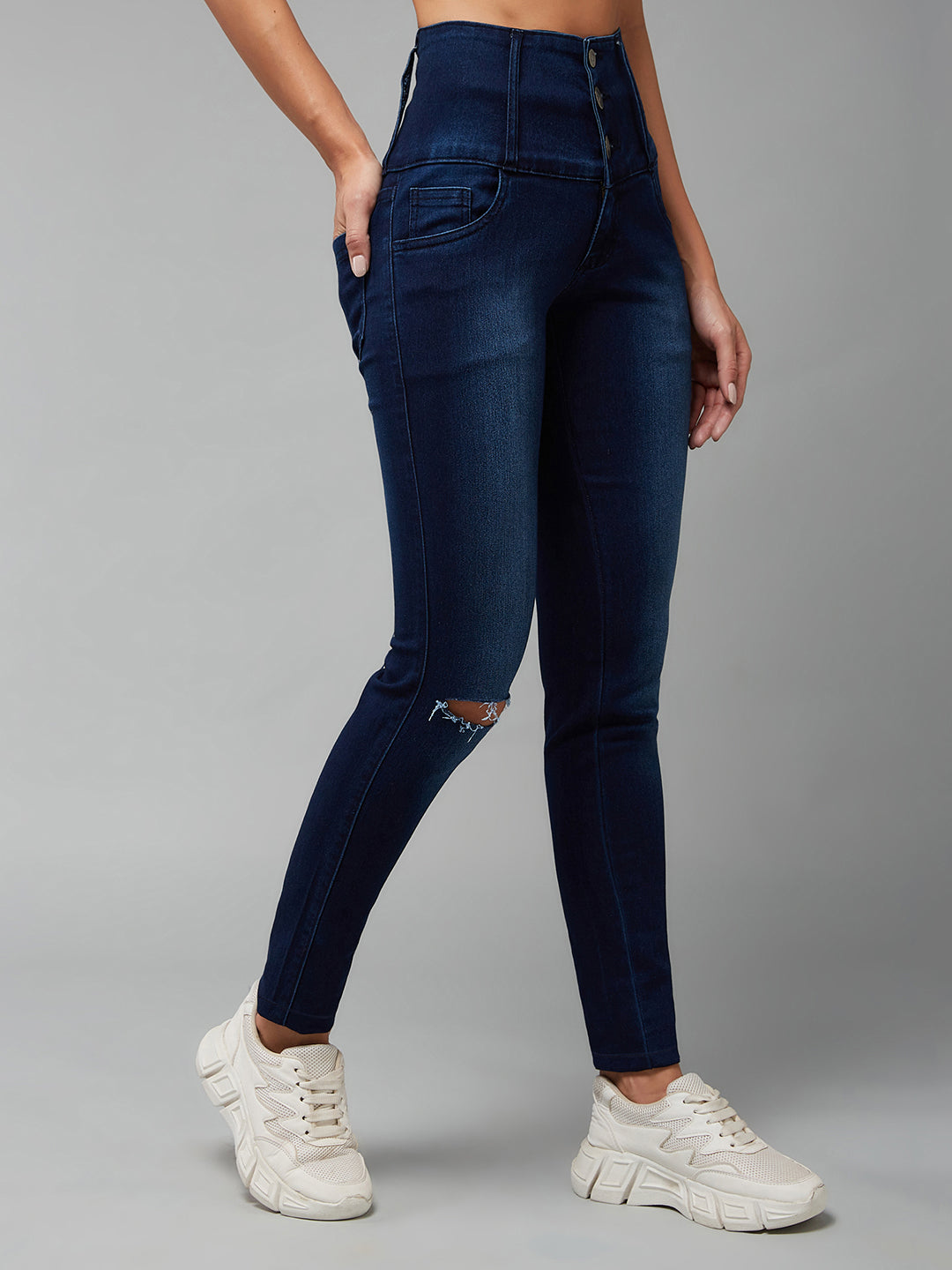 24/7 Comfort Navy-Blue Skinny-Fit High-Rise Knee-Slit Stretchable High-Rise Denim Jeans