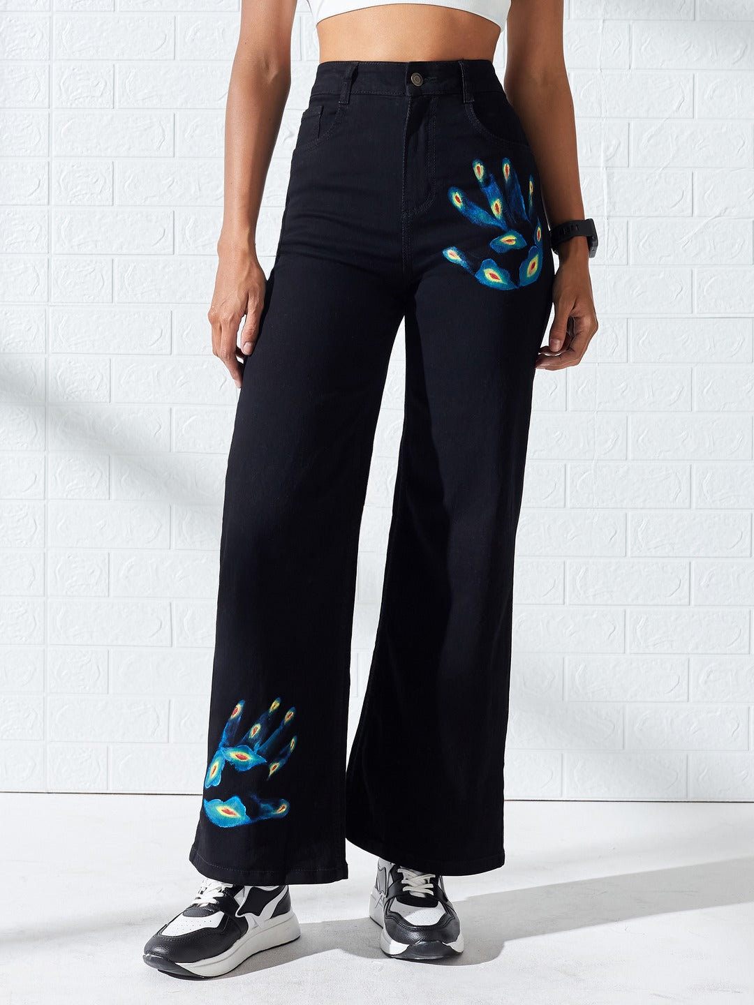 Hand-Painted Black Wide Leg High-Rise Thermal Hand-Scan Stretchable Denim Jeans For Women