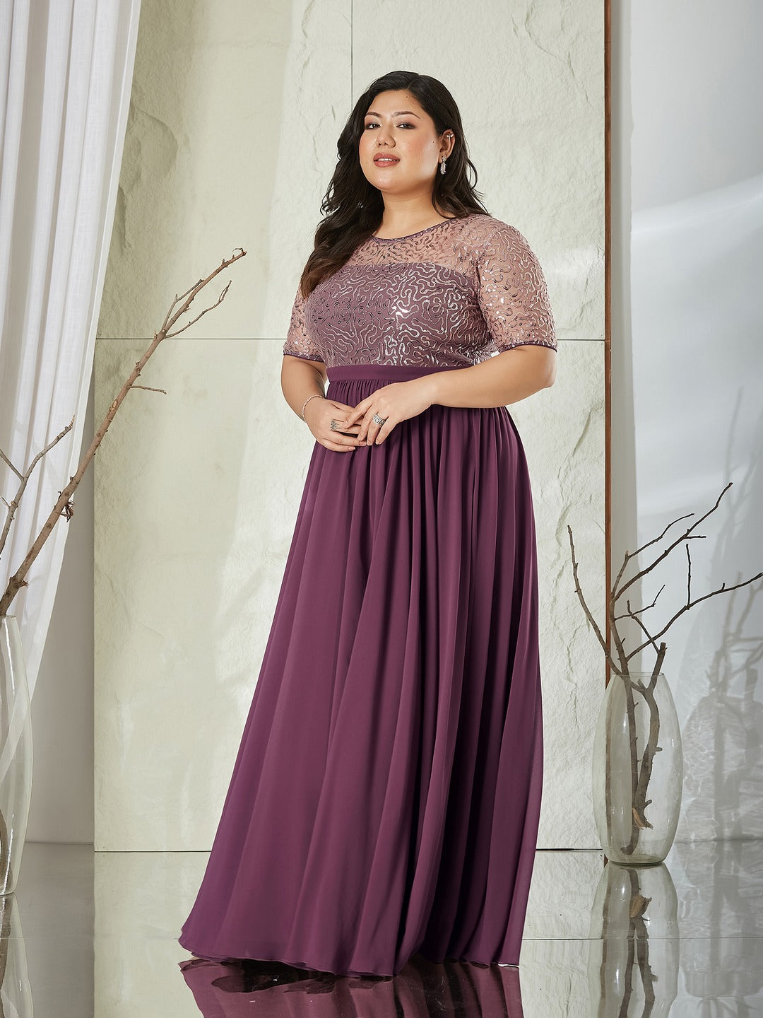 Mauve Relaxed Fit Maxi Georgette & Sequins Dress for Women