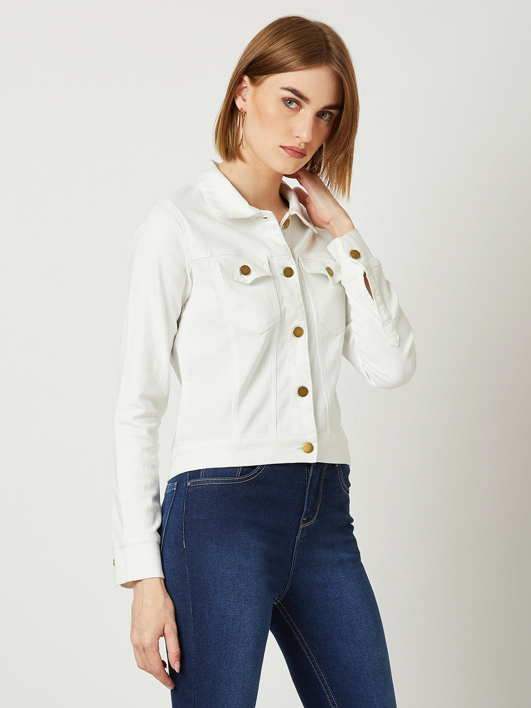 White Polo Neck Full Sleeves Denim Solid Cropped Jacket for Women