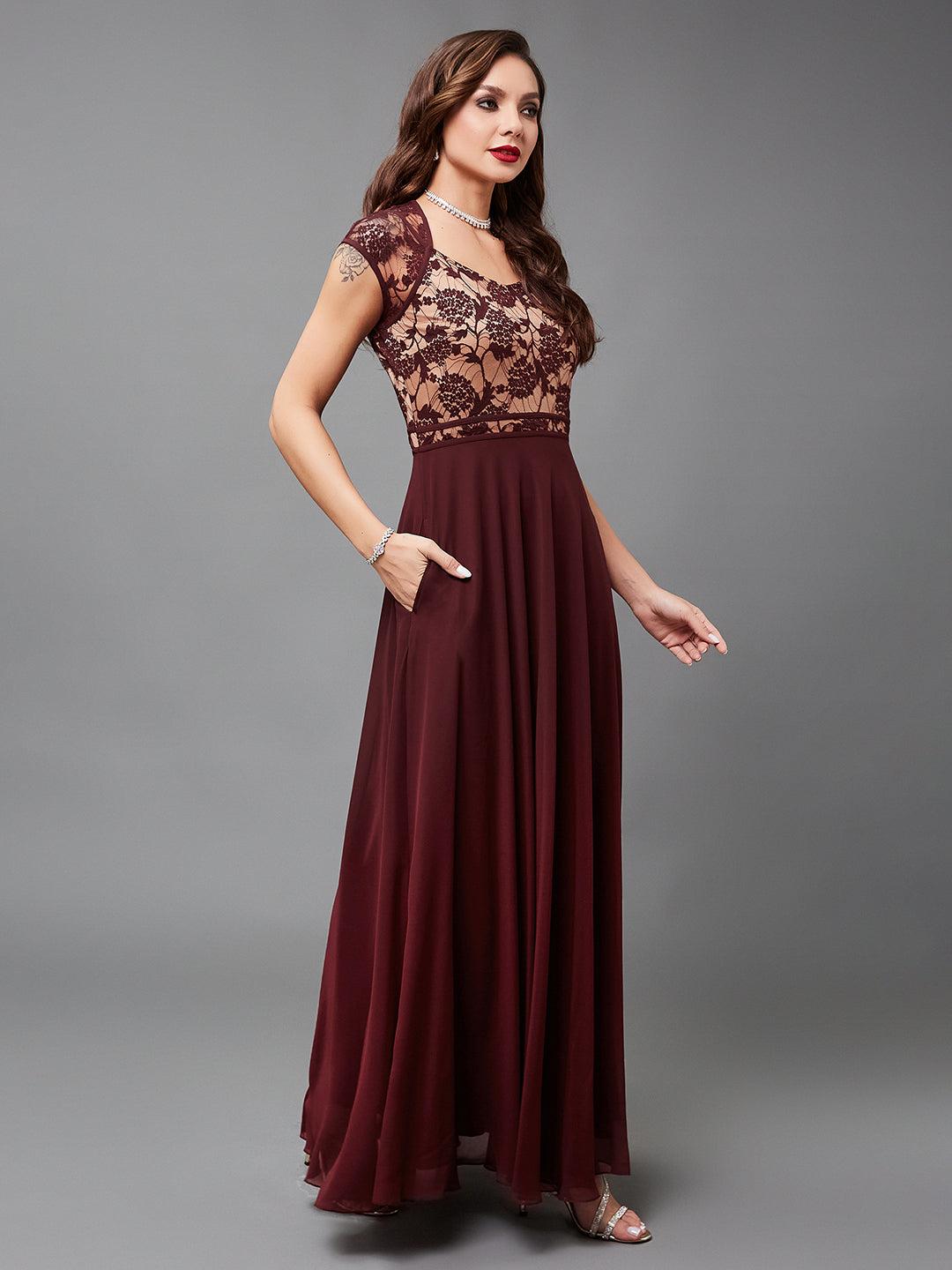 Wine Floral Cap Sleeves Fit and Flare Lace Maxi Dress for Women