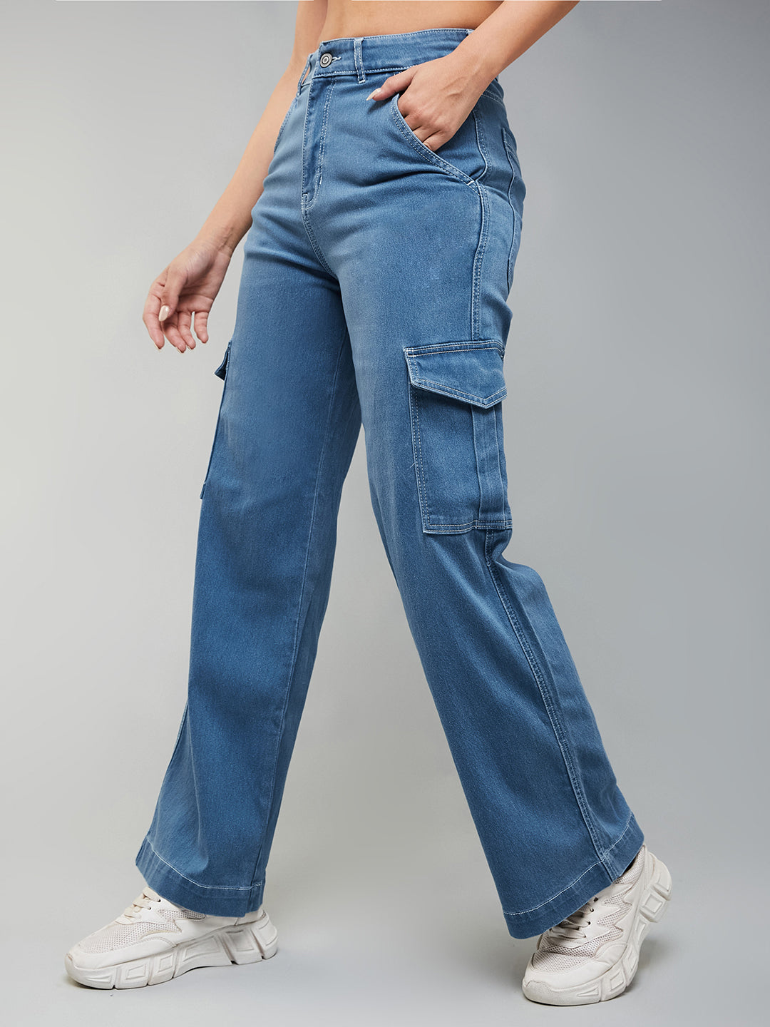 24/7 Comfort Blue Wide-Leg Cargo High-Rise Clean-Look Regular Stretchable Denim Jeans