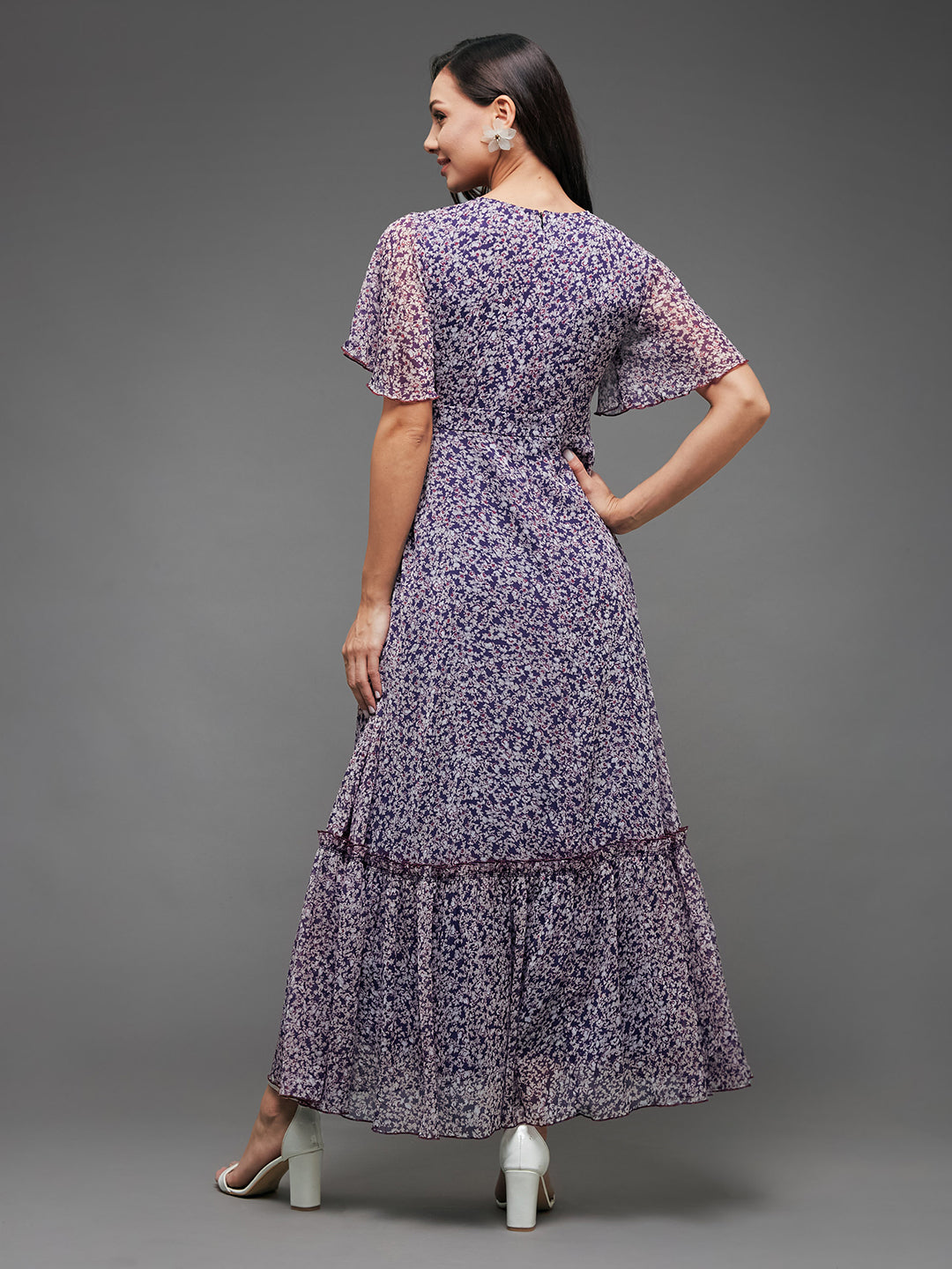 Purple Floral Printed Flutter Sleeves Maxi Dress Long Dress Frock for Women
