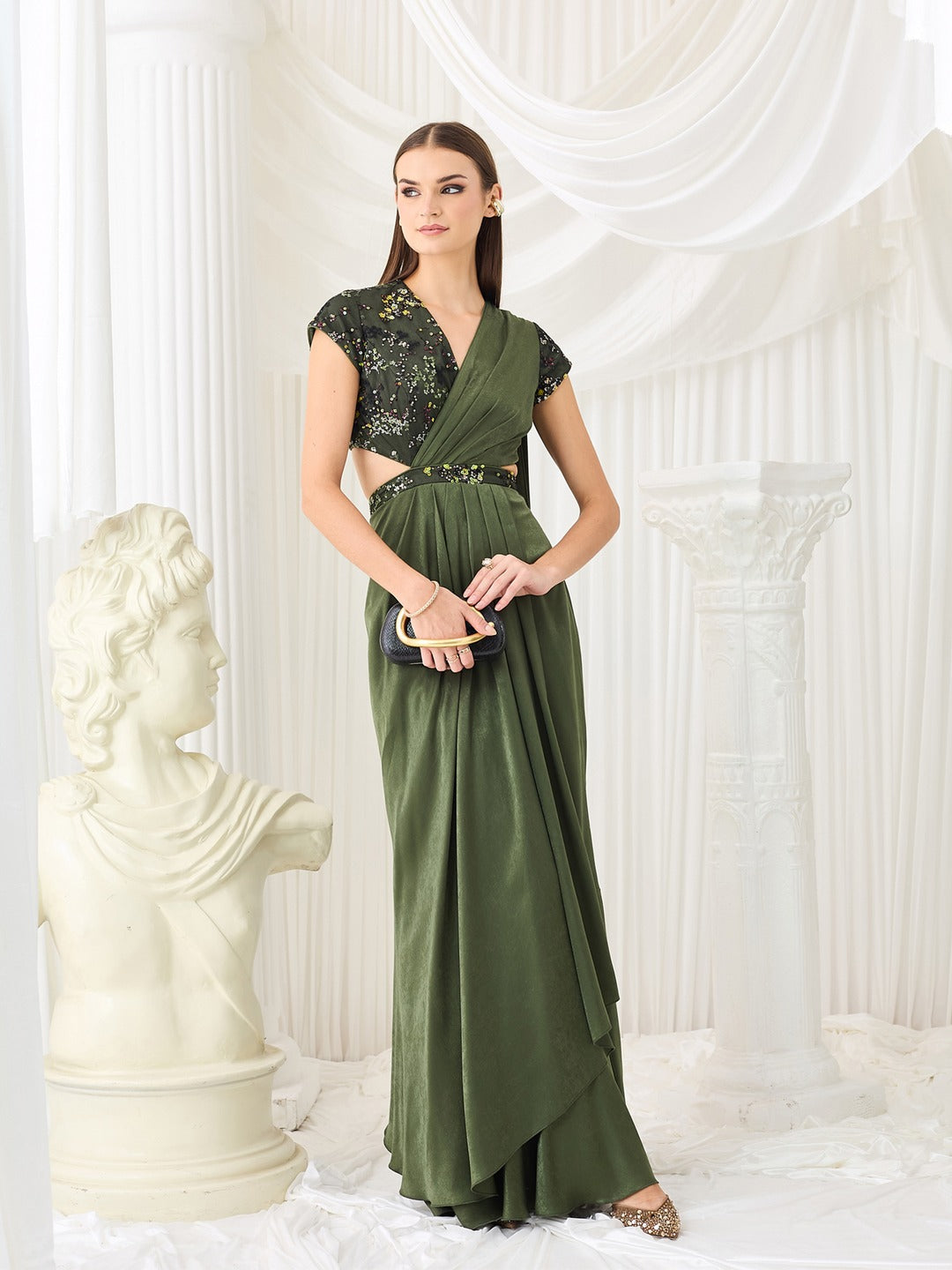 Olive V-Neck Short-Sleeve Embellished Draped Maxi Velvet Dress for Women