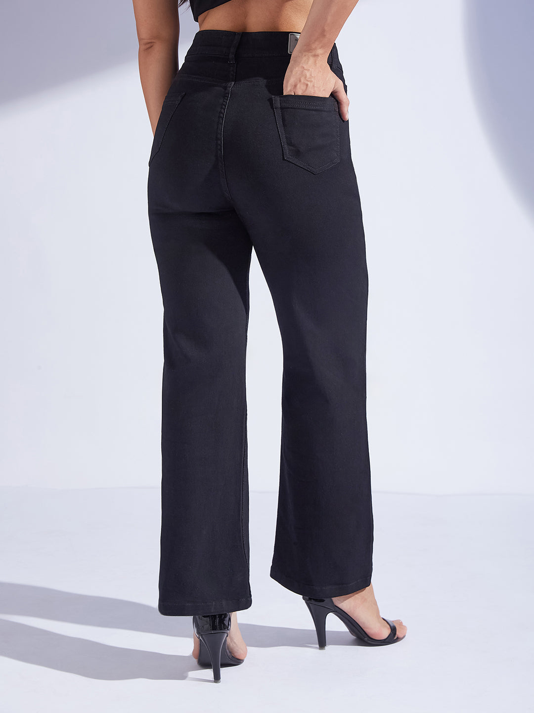 Black Straight-Fit High-Rise Regular-Length Stretchable Denim Jeans for Women — Miss Chase