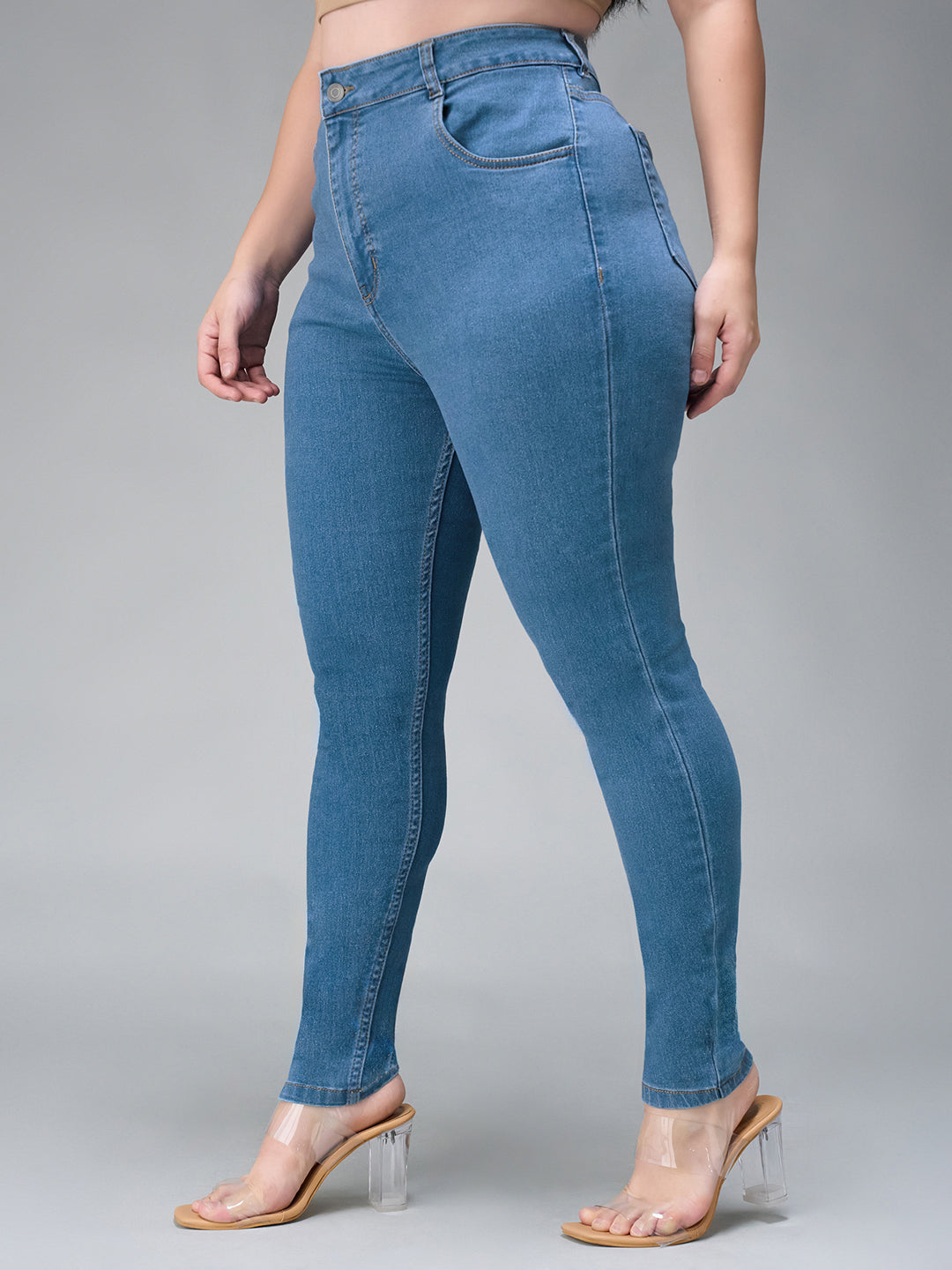24/7 Comfort Blue Solid Skinny High-Rise Cropped Fringe Detailing Solid Stretchable Denim Jeans