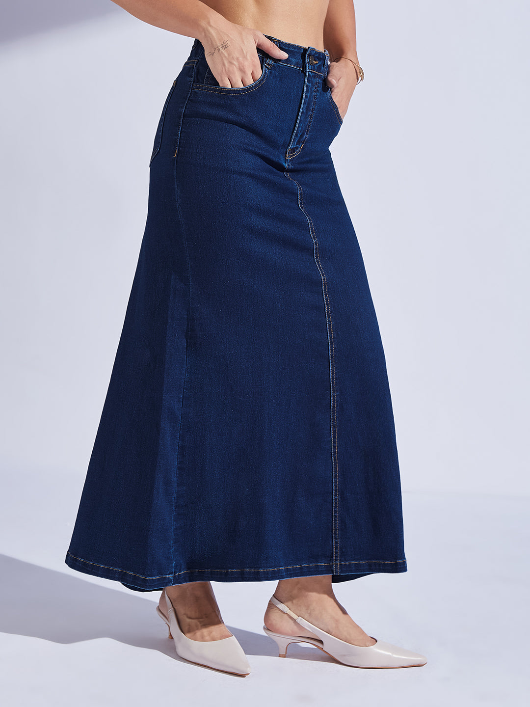 Women's Dark-Blue Flared High-Rise Stretchable Denim Maxi Skirt