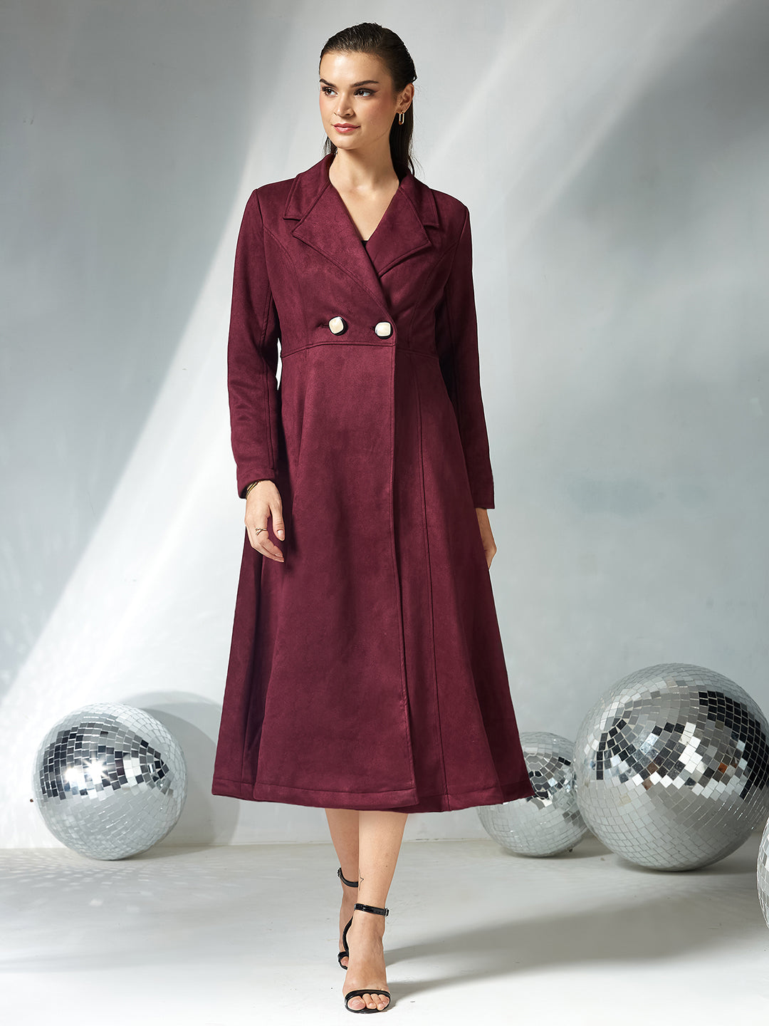 Women's Wine Solid V-Neck Full Sleeves Side Pocketed Polyester Double Breasted Longline Jacket