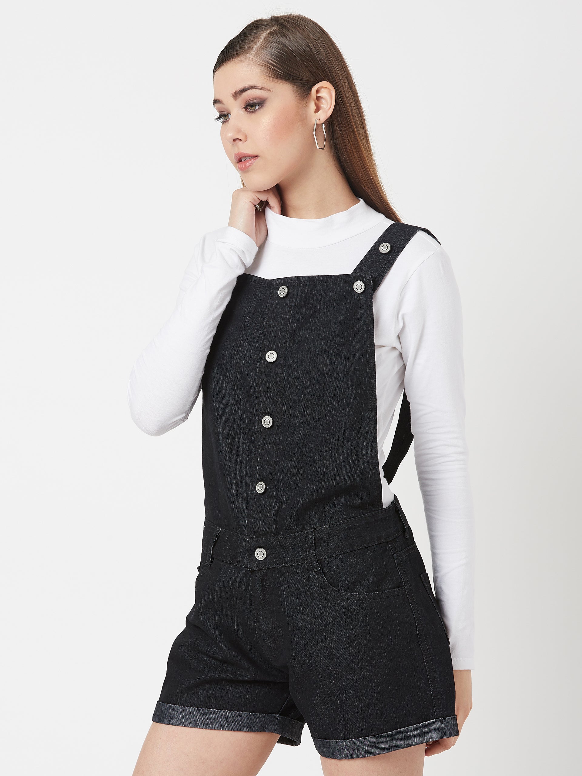 Women's Black Non-Stretchable Solid Mid Rise Regular Length Denim Dungarees