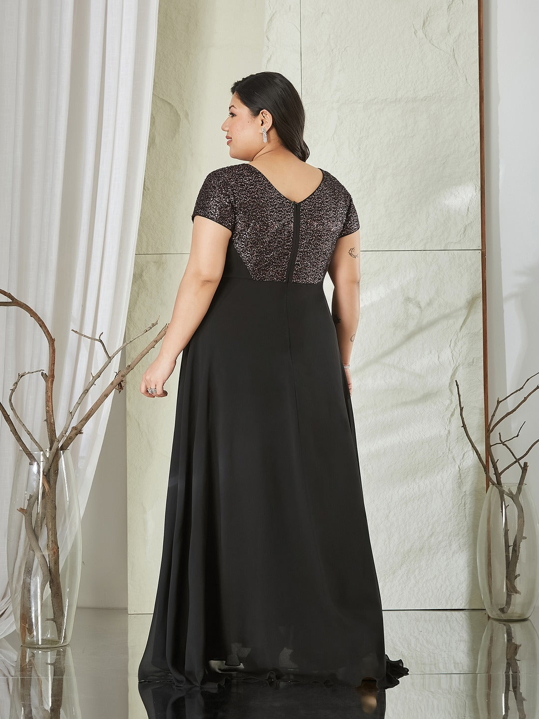 Black Round Neck Short Sleeve Embellished Fit & Flare Maxi Georgette Dress for Women