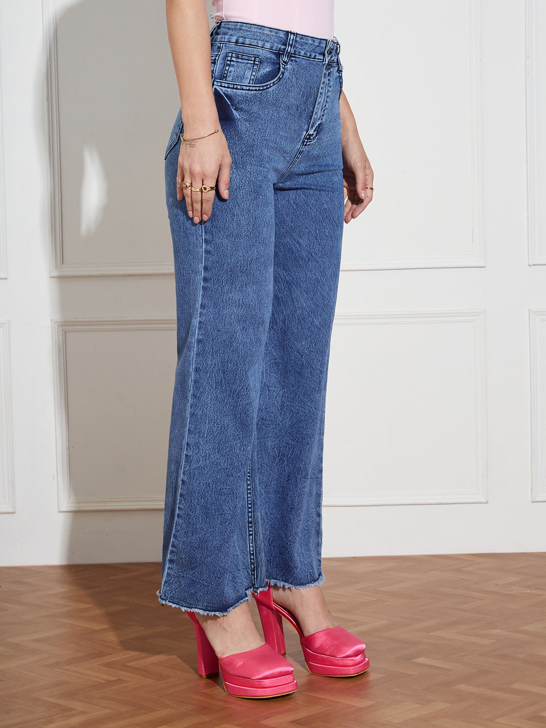 Women's Navy-Blue Wide Leg High-Rise Clean Look Regular Stretchable Denim Jeans