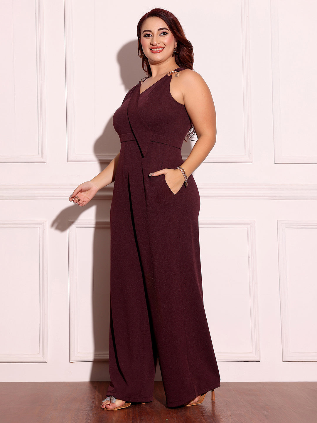 Women's Wine V-Neck Sleeveless Solid Wrap Regular Jumpsuit