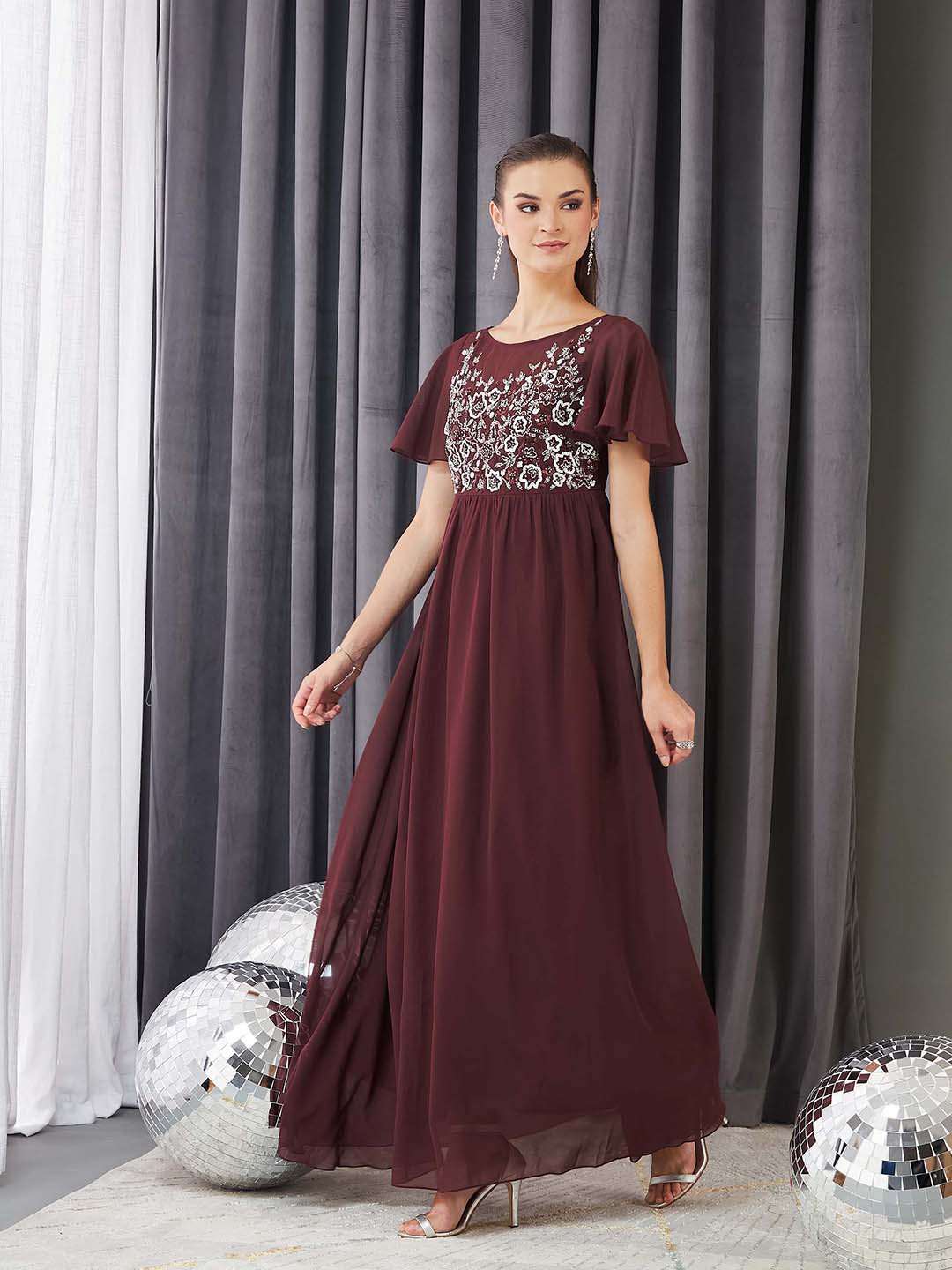 Women's Wine Boat Neck Half Sleeve Solid Embellished Georgette Maxi Dress