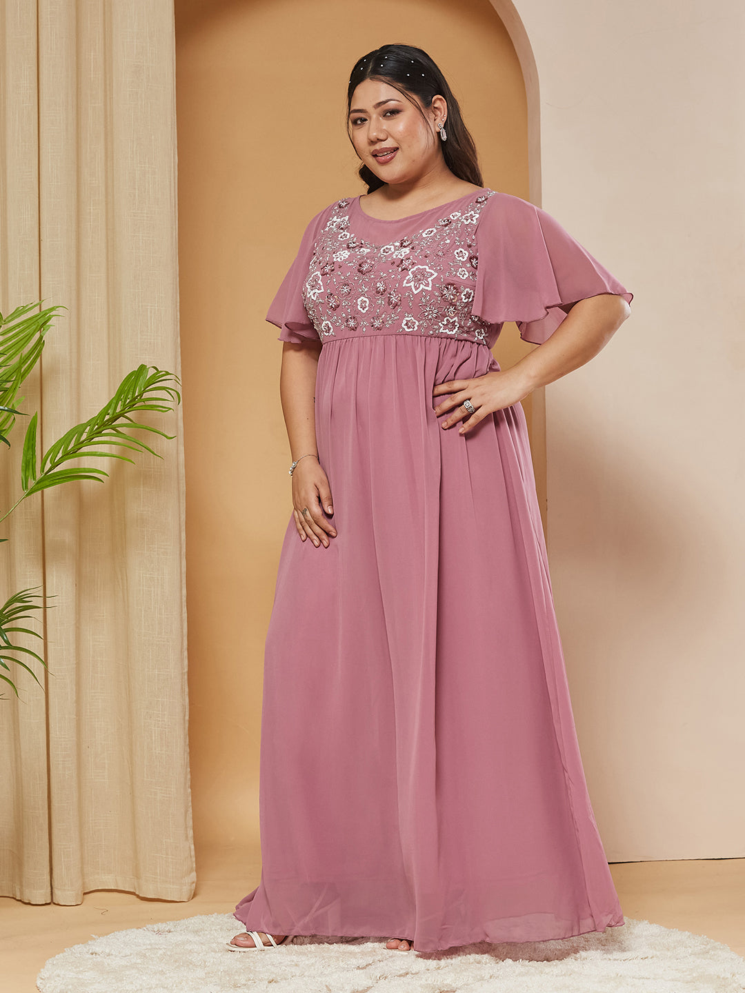 Dusty Lavender Boat-Neck Half-Sleeves Solid Embellished Georgette Maxi Dress for Women