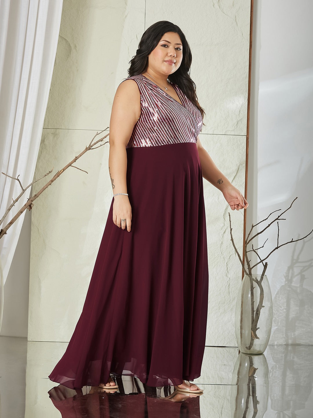Wine V-Neck Sleeveless Embellished Wrap-Styled Maxi Georgette Dress for Women