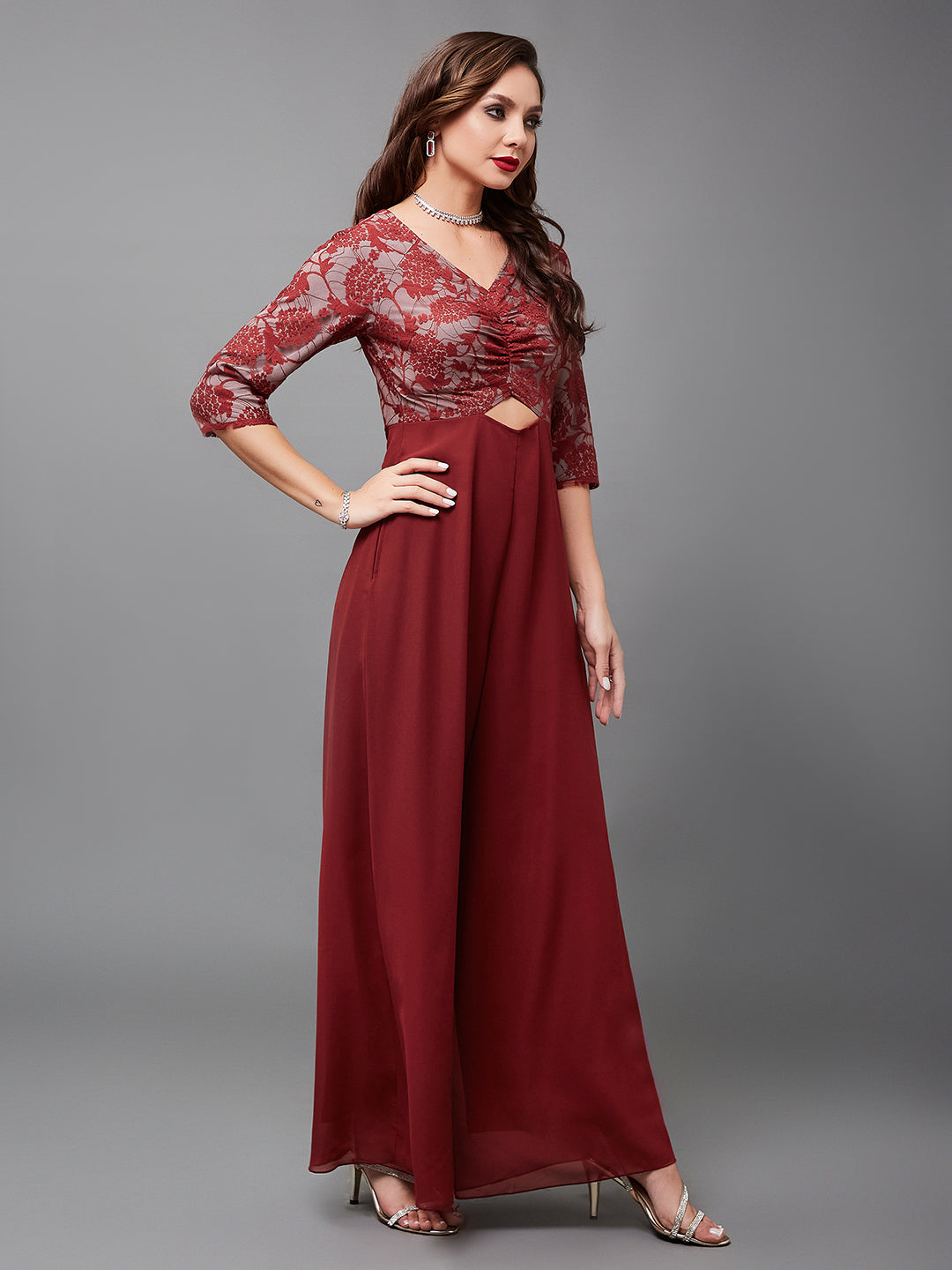 Women's Maroon V-Neck Full Sleeve Self Design Cut-Out Georgette Jumpsuit