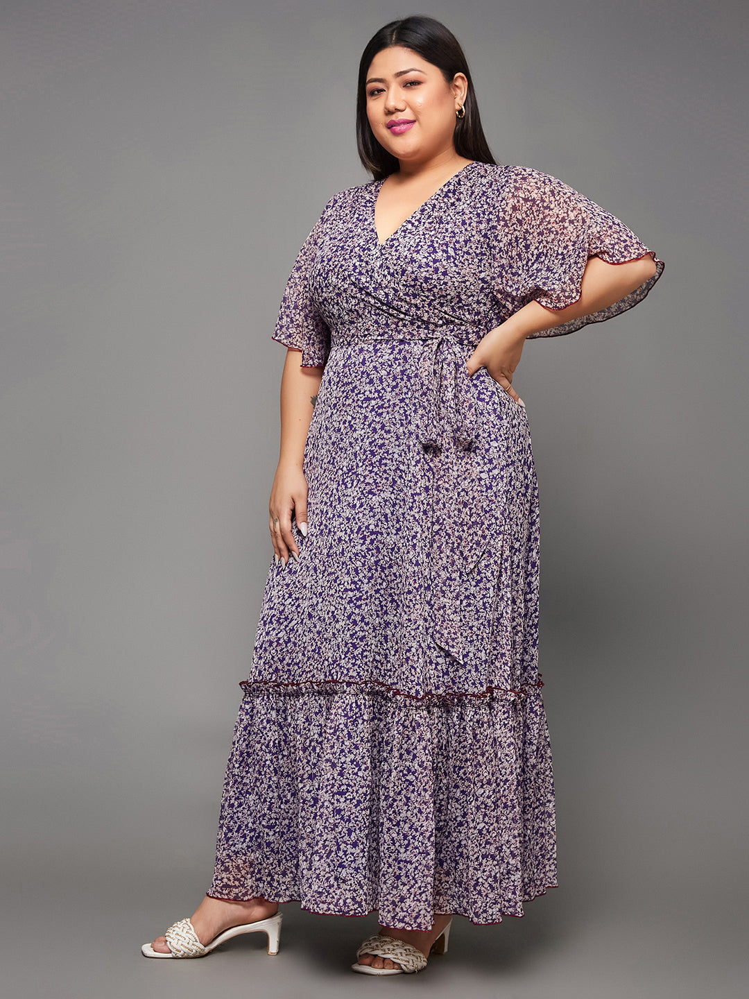 Body Bliss Multicolored-Base-Purple Floral Wrap Chiffon Maxi Dress