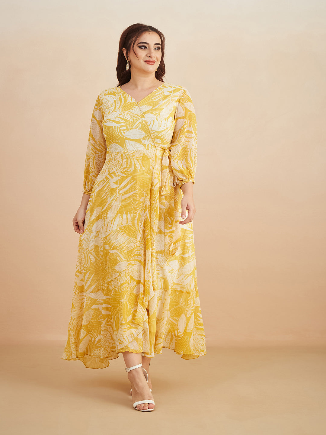 Yellow & White V neck Full sleeve Floral Layered Maxi Dress for Women