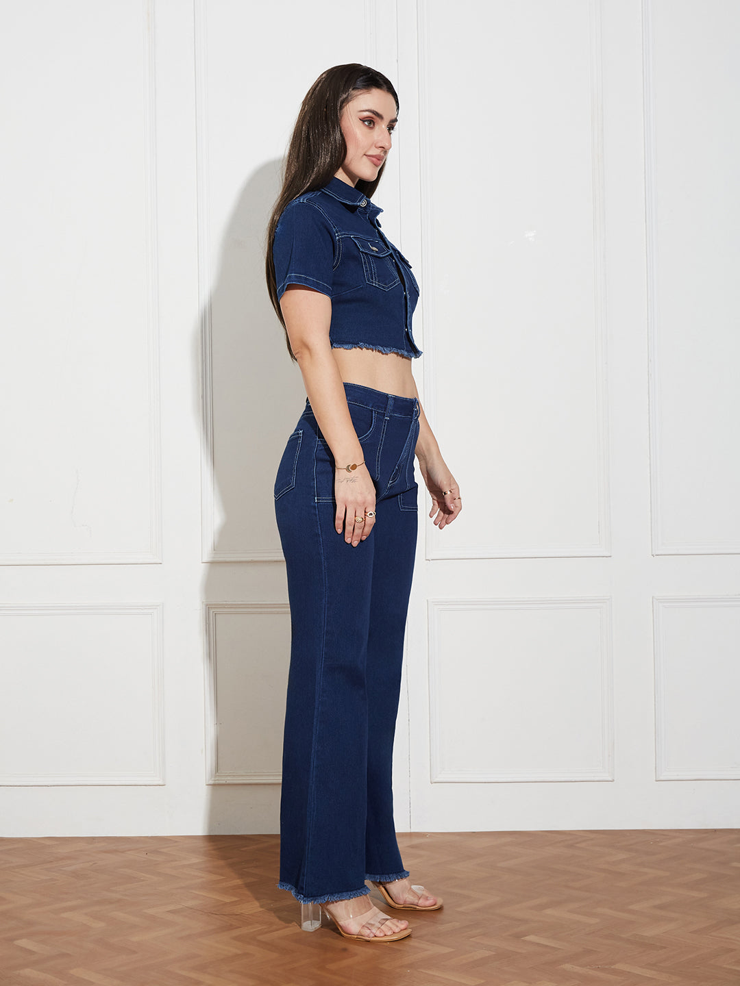 Women's Navy Blue Bootcut High-Rise Clean-Look Cropped Top, Regular Bottom Stretchable Denim Co-Ord Set