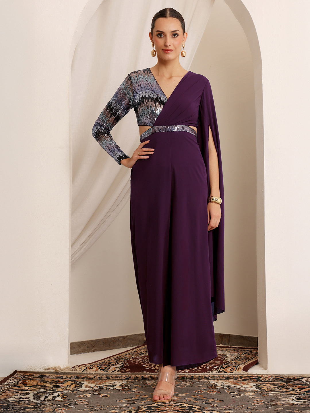 Women's Dark Purple V-Neck Asymmetric Embellished Georgette Jumpsuit
