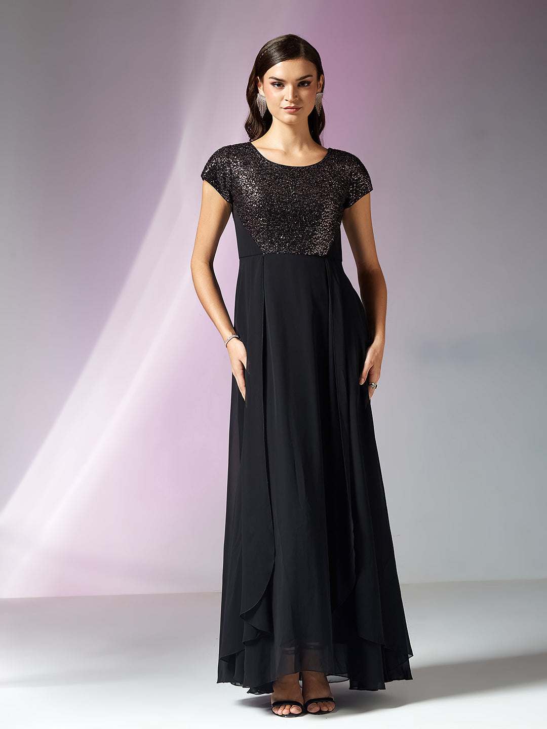 Women’s Black Round Neck Short Sleeve Embellished Fit & Flare Maxi Georgette Dress for Women