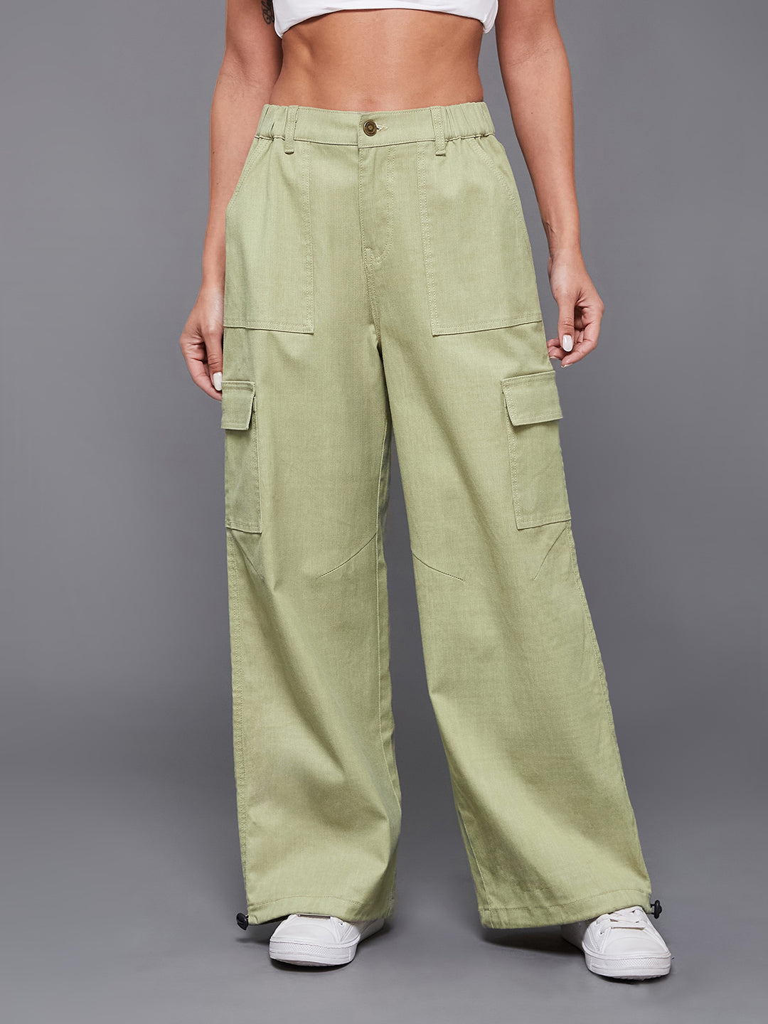 24/7 Comfort Cotton Olive Wide-Leg High-Rise Stretchable Denim Parachute Pant