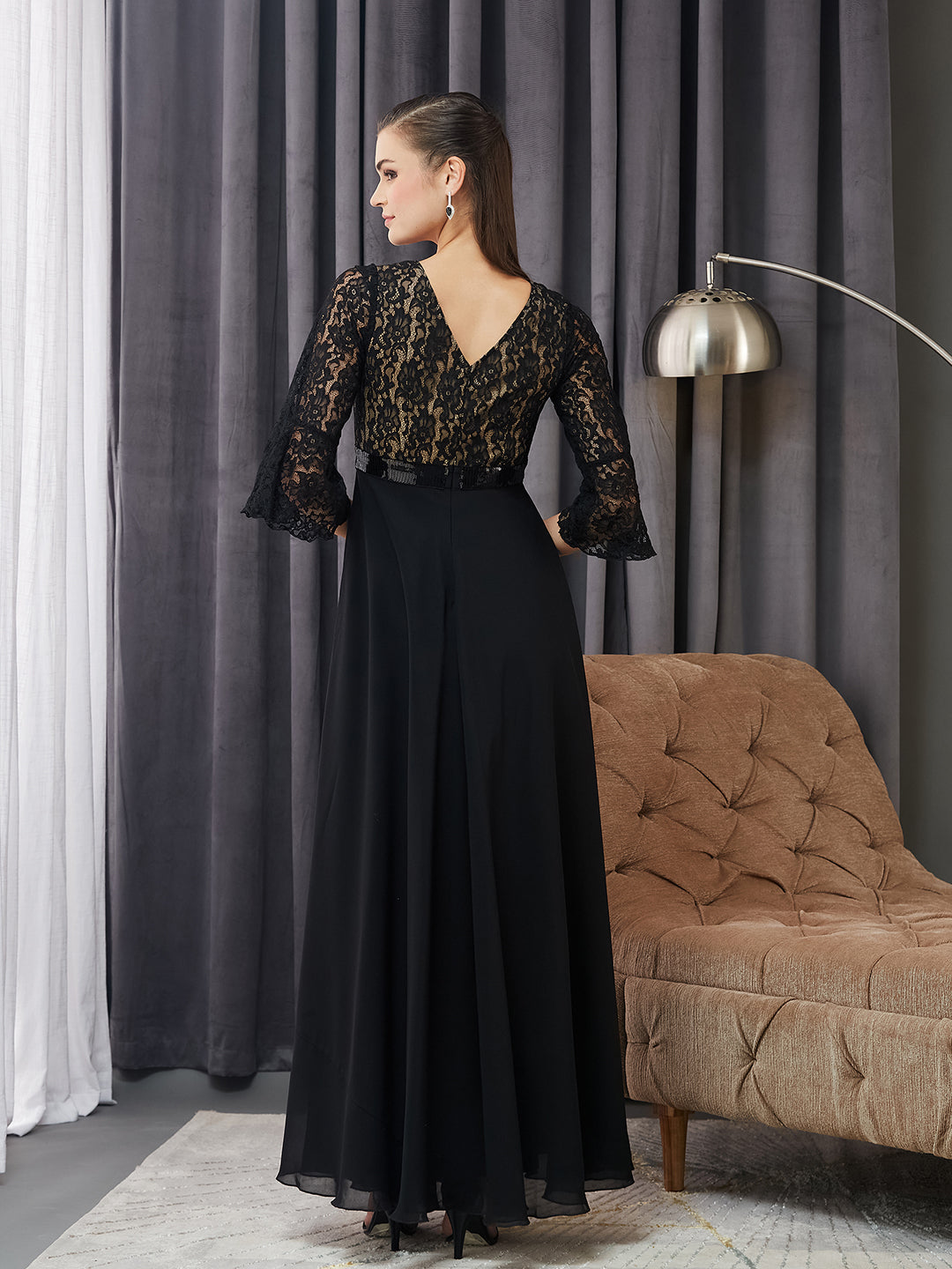 Women's Black Sweetheart-Neck Full Sleeve Floral Lace-Overlaid Georgette Maxi Dress