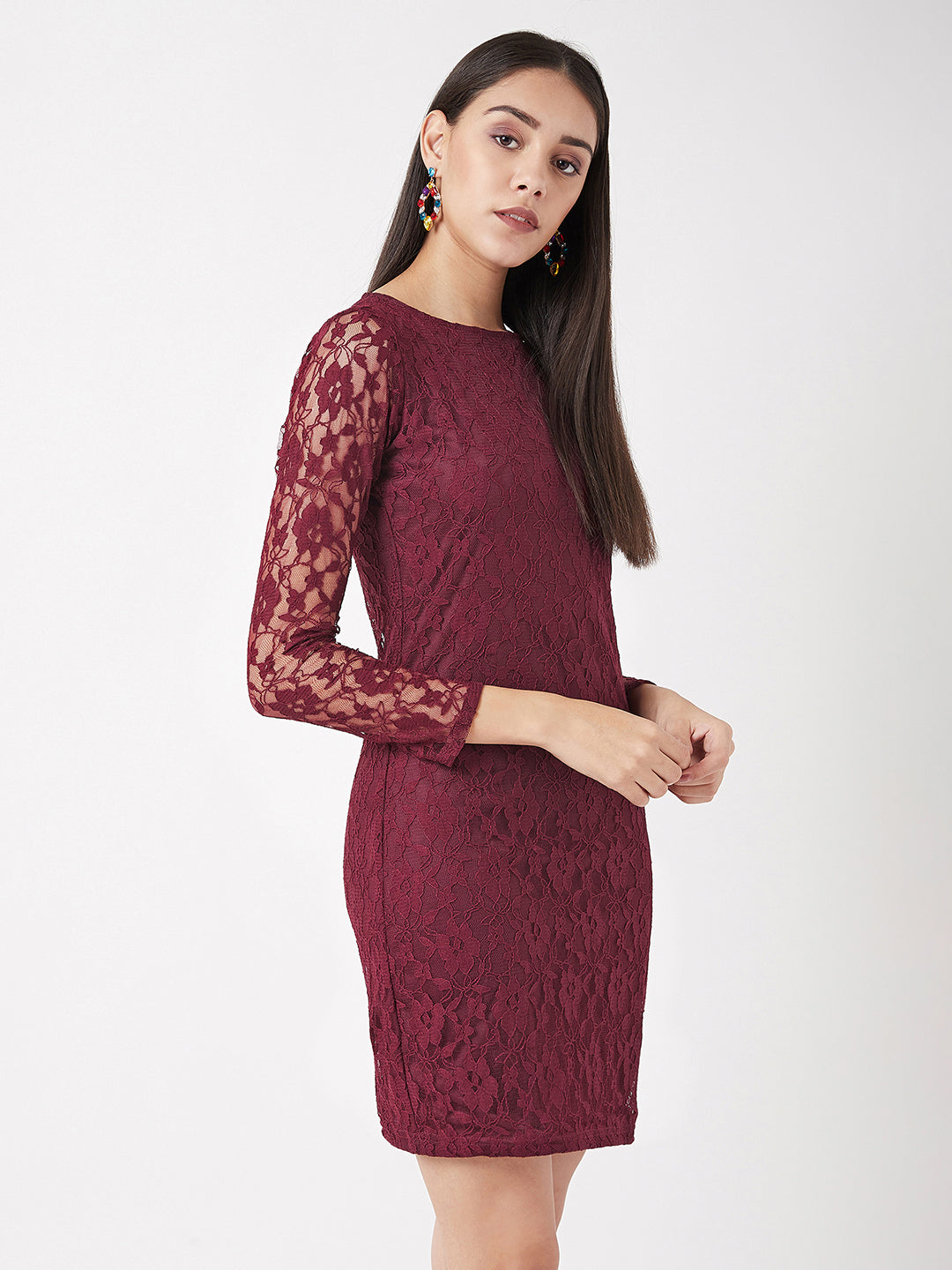 Maroon Round Neck Full Sleeves Bodycon Dress for Women — Miss Chase