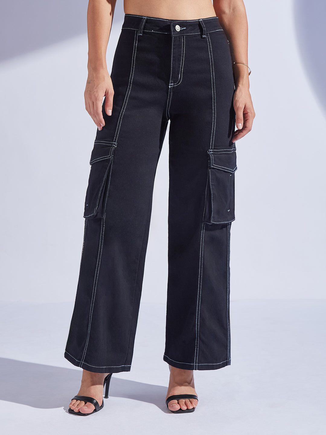 Women's Black Wide-Leg High-Rise Stretchable Patch-Pocketed Denim Jeans