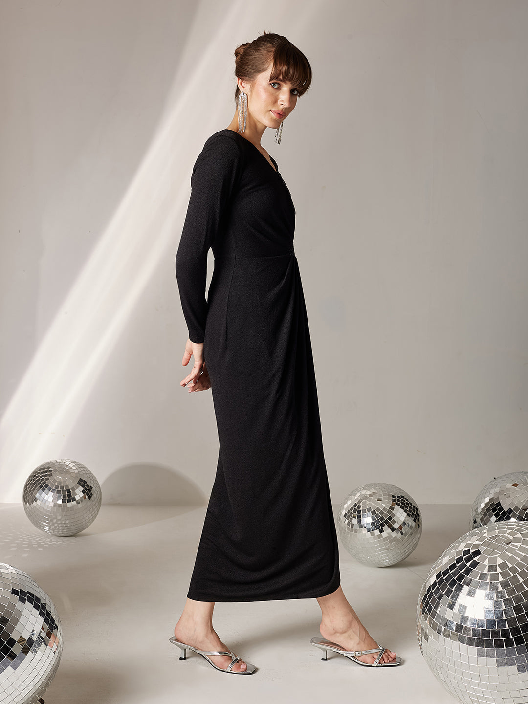 Women's Black V-Neck Full Sleeve Embellished Pleated Longline Dress