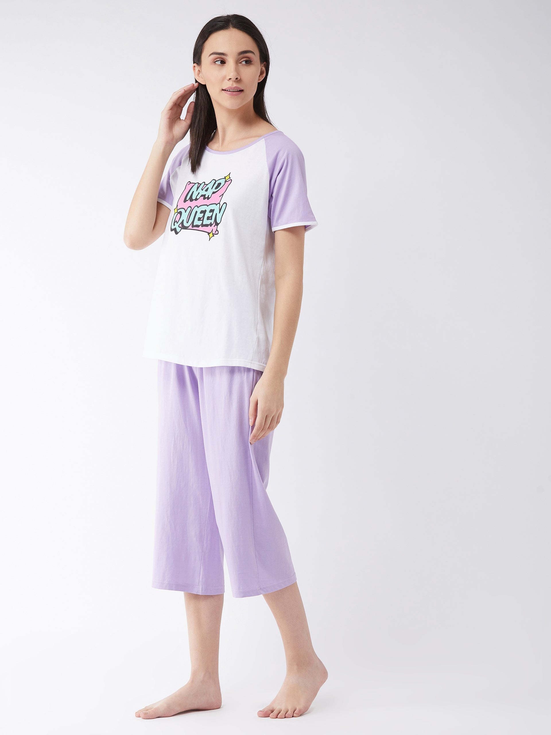 Women's White and Lilac Round Neck Short Sleeves Regular Length Top & Capri Set