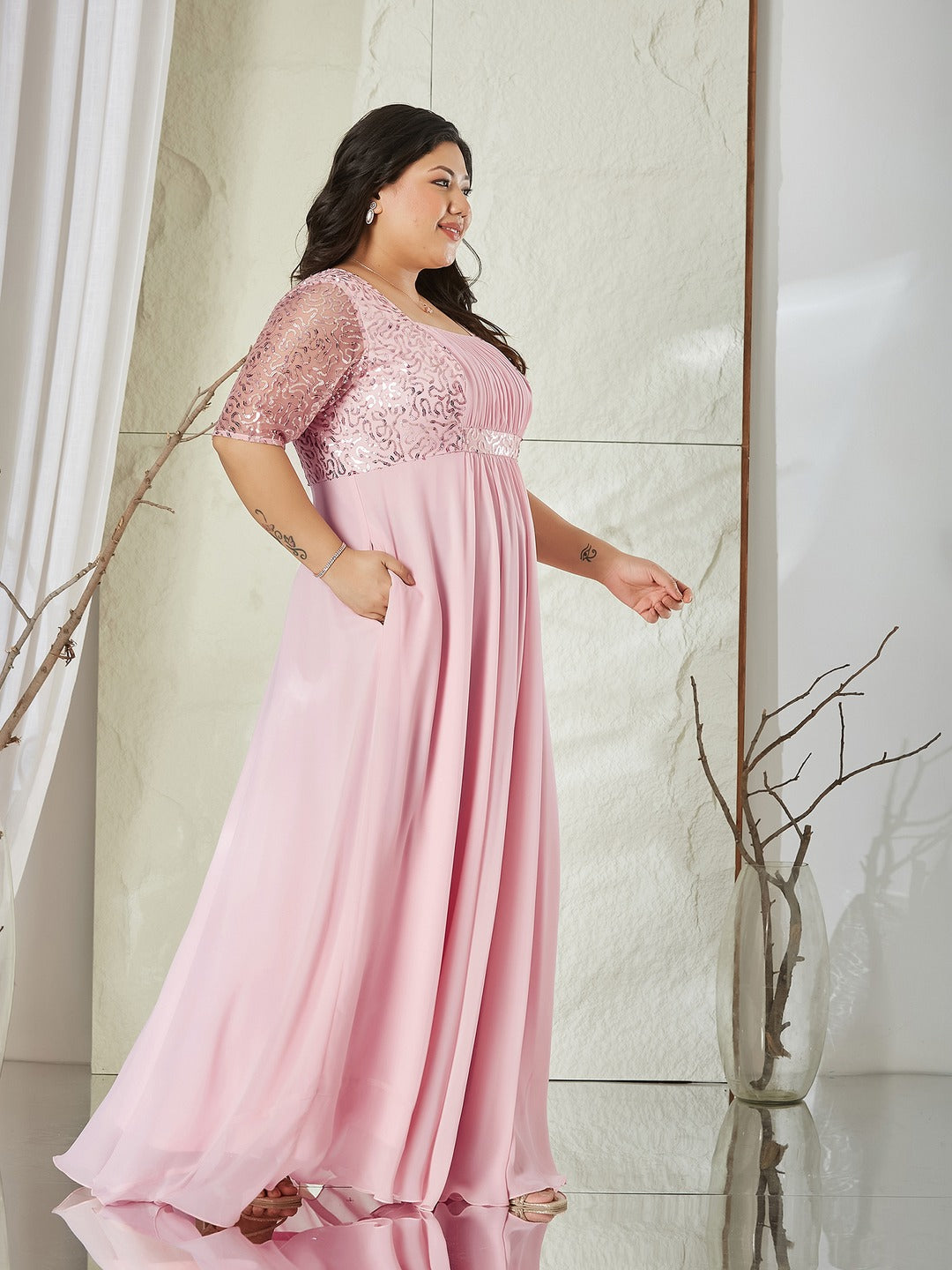 Dusty Pink Square Neck Half Sleeve Solid Embellished Maxi Dress for Women