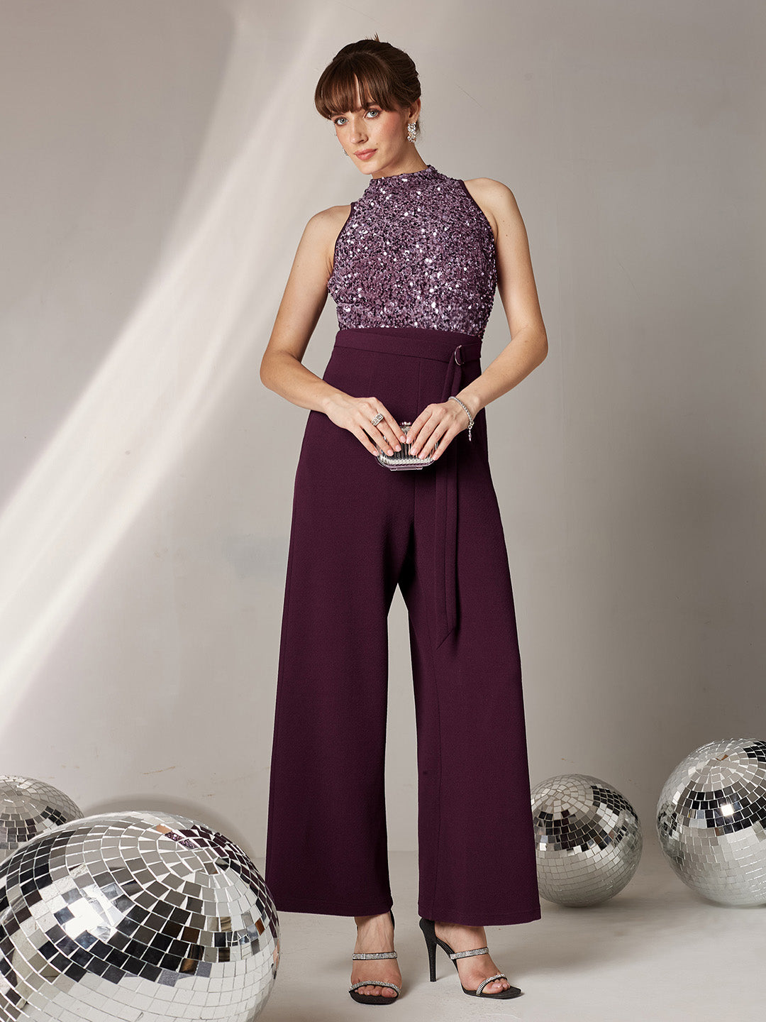 Women's Dark Purple Halter Neck Sleeveless Embellished Regular-Length Jumpsuit
