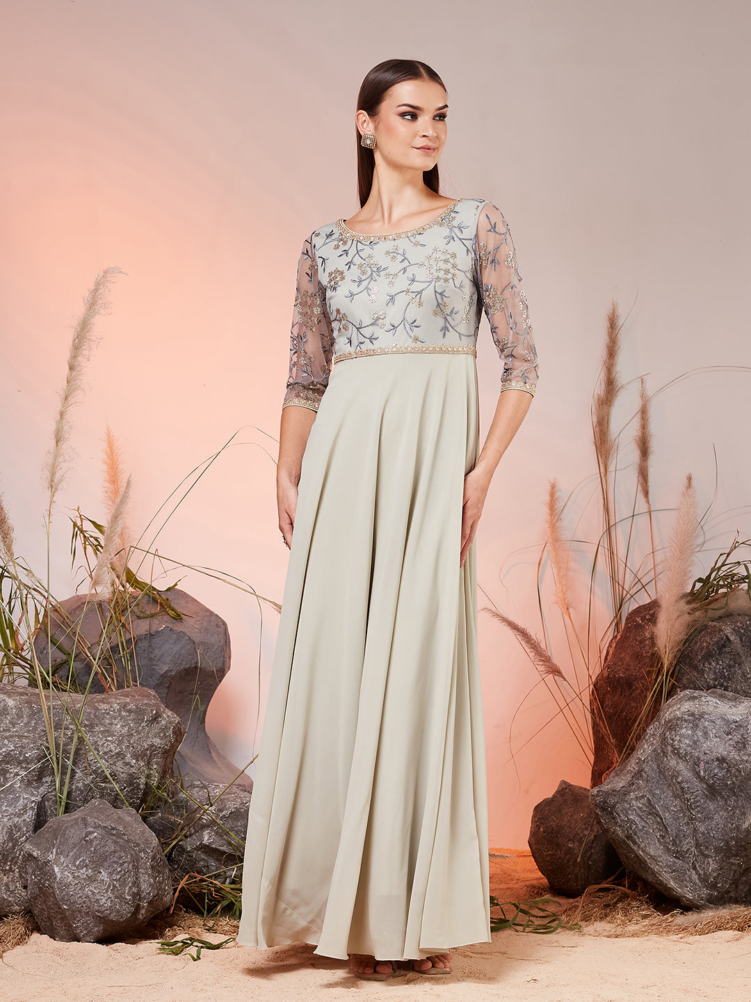 Dusty Green Boat-Neck Illusion Sleeve Embellished Fit & Flare Maxi Georgette Dress for Women