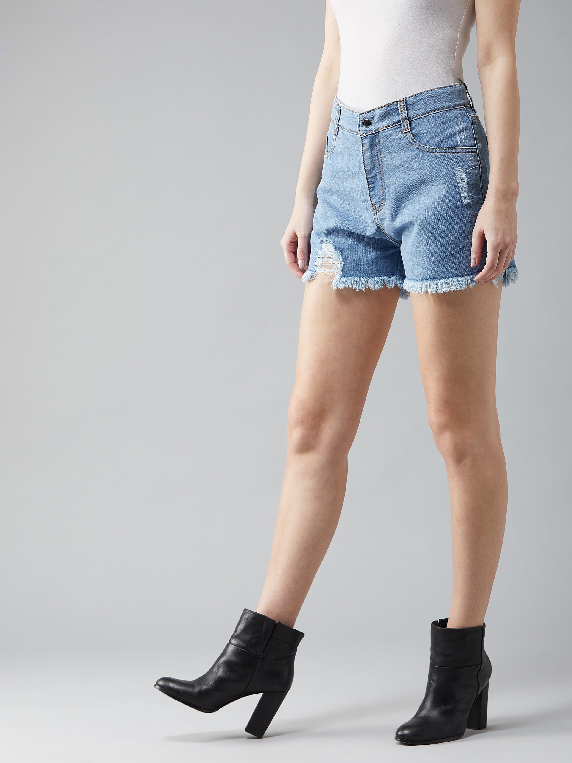 Women's Blue Relaxed Fit Highly Distressed Mid Rise Ripped Denim Shorts
