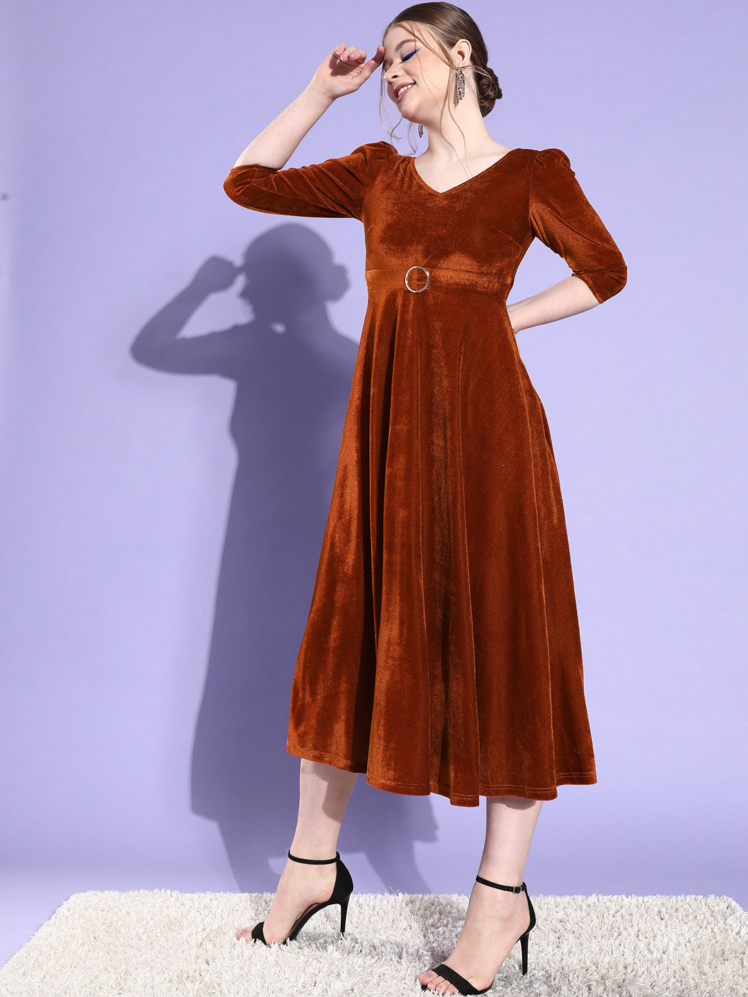 Rust V-Neck Three-Quarter Sleeve Solid Fit & Flare Midi Velvet Dress for Women — Miss Chase