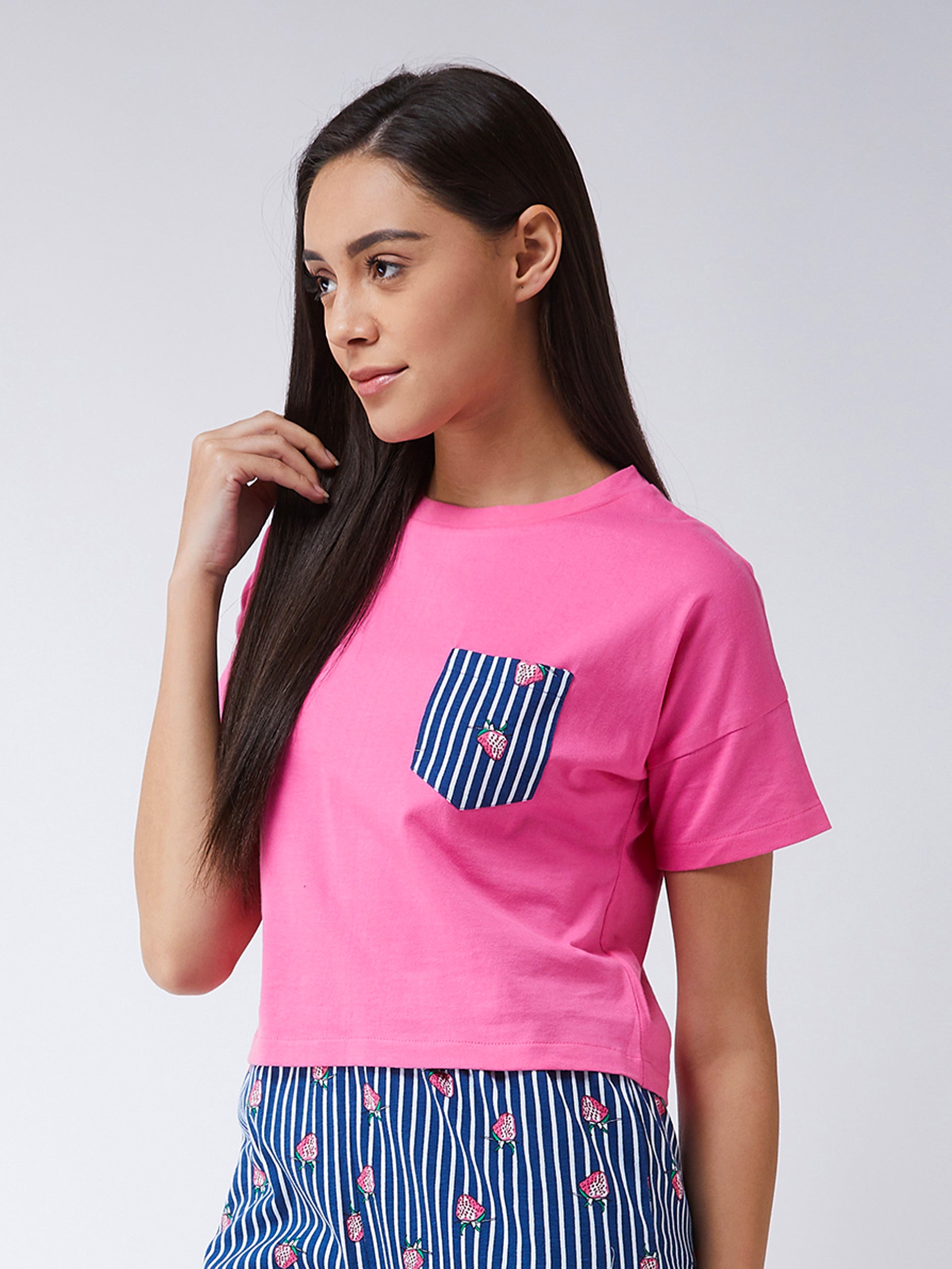 Women's Pink Cropped Solid T-shirt