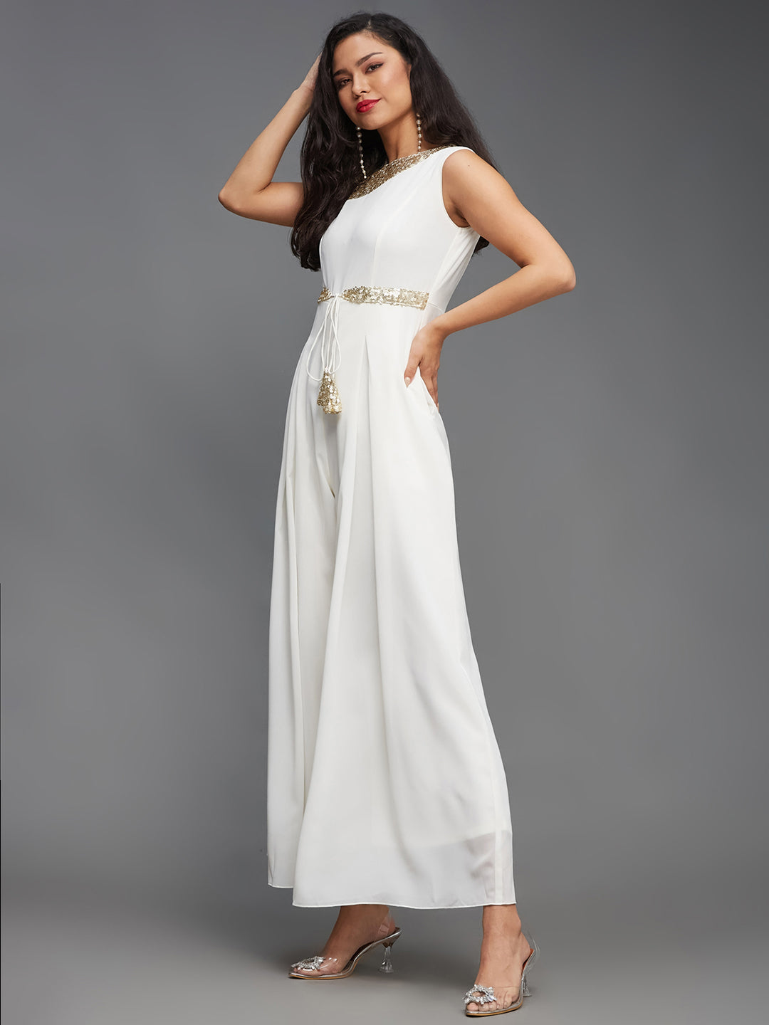 Women's Off-White Relaxed Fit Sleeveless Gold Sequined Round Neck Ankle-Length Straight Party Jumpsuit