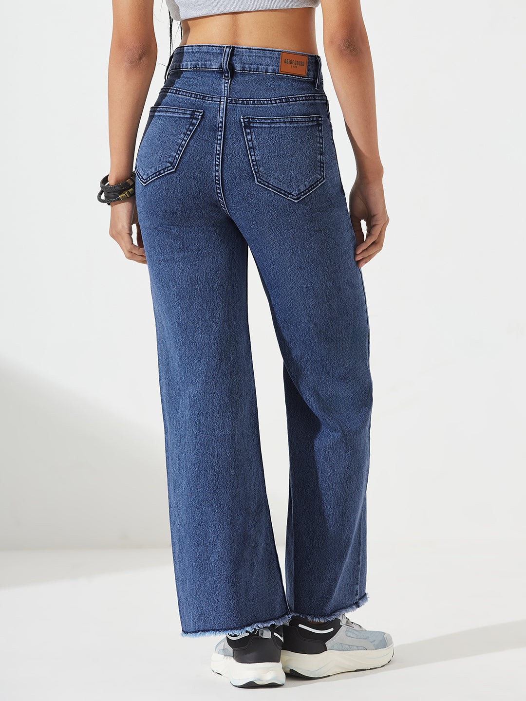 Navy-Blue Wide-Leg High-Rise Stretchable Denim Jeans for Women