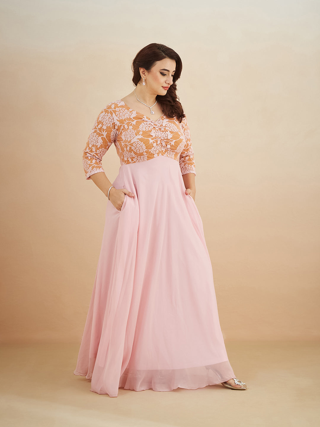 Dusty Pink V-Neck Raglan-Sleeve Self-Designed Empire-Styled Georgette Maxi Dress for Women — Miss Chase A+