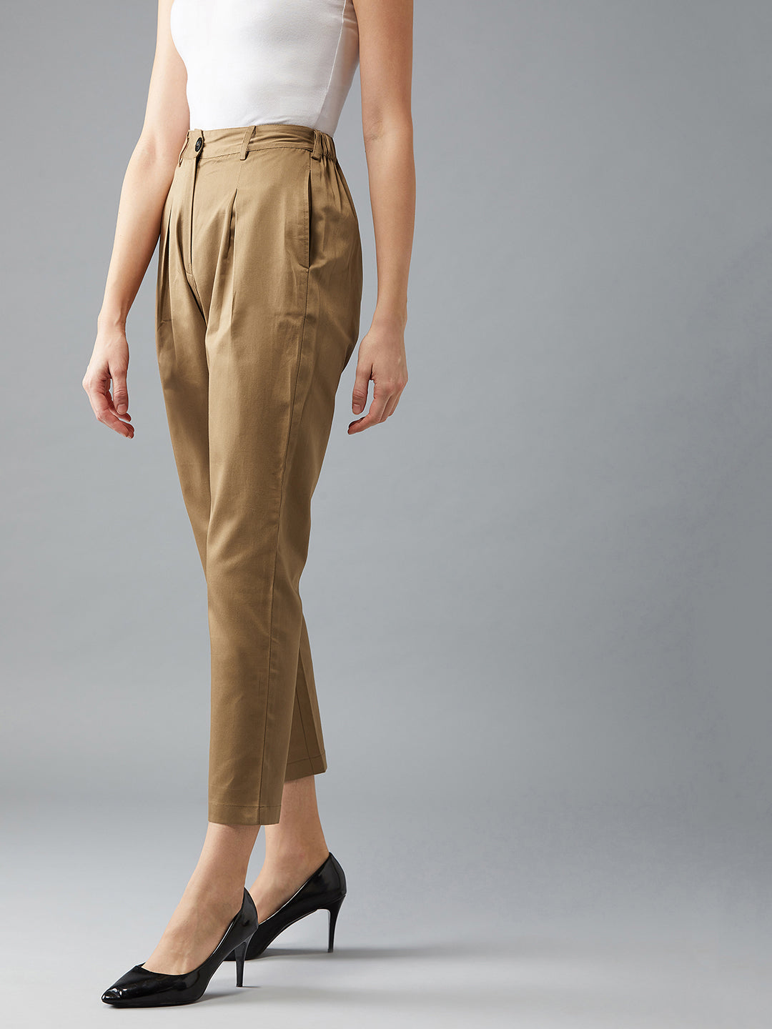 Women's Olive Green Solid Pleated Regular Length Pant