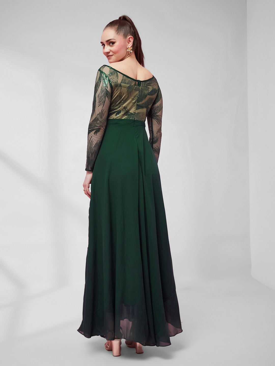 Green & Beige Solid Embellished Maxi Dress for Women
