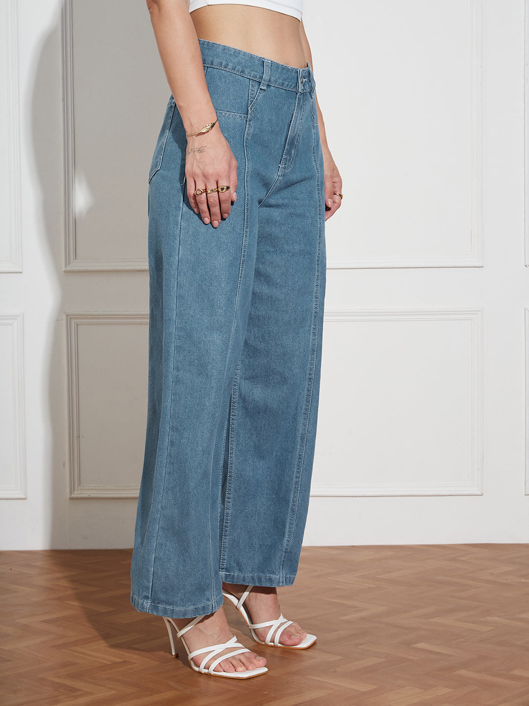 Women's Blue Wide-Leg High-Rise Clean-Look Regular-Length Denim Jeans