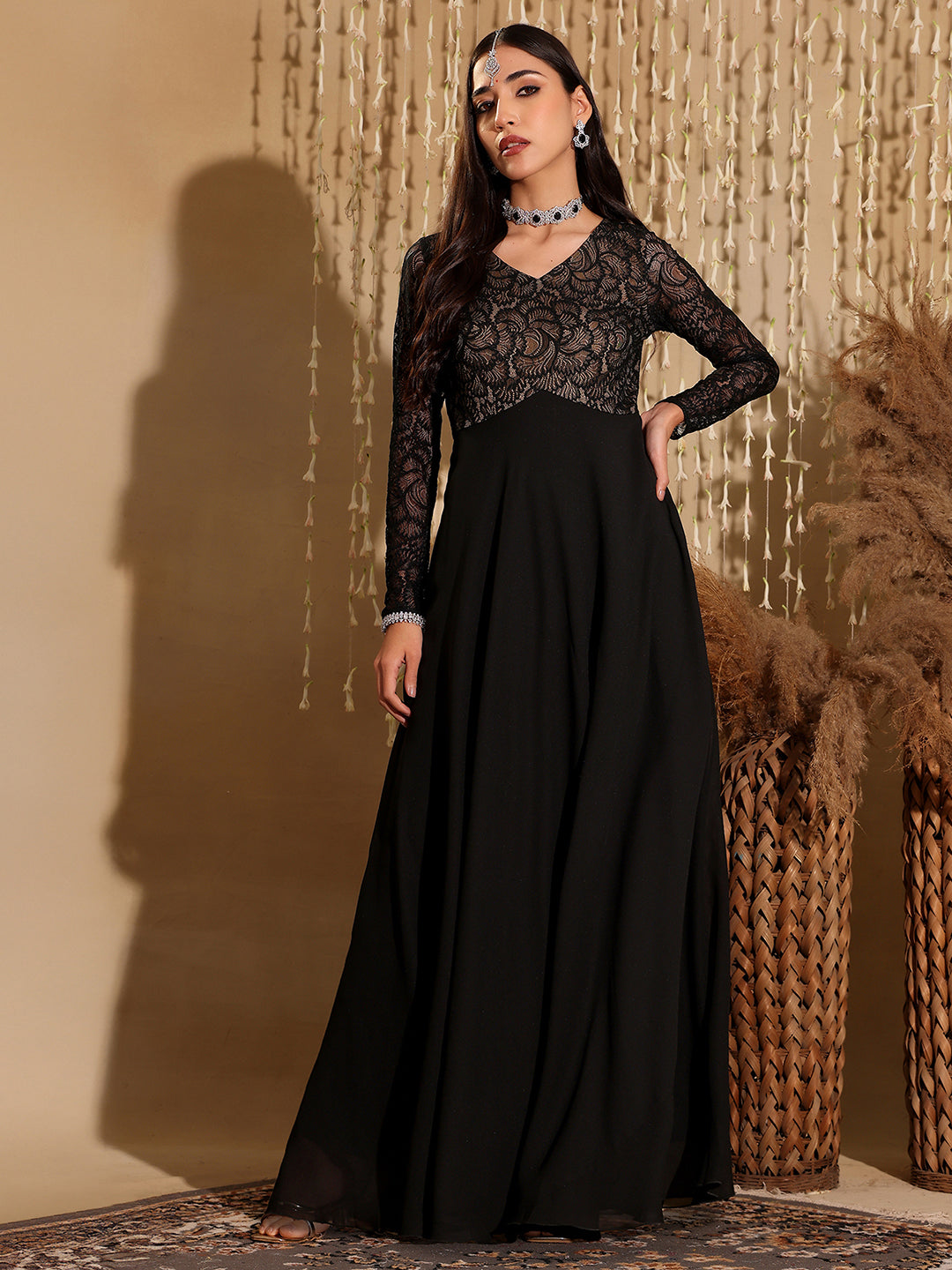 Women's Black V-Neck Full Sleeve Self Design Lace-Overlaid Georgette Maxi Dress