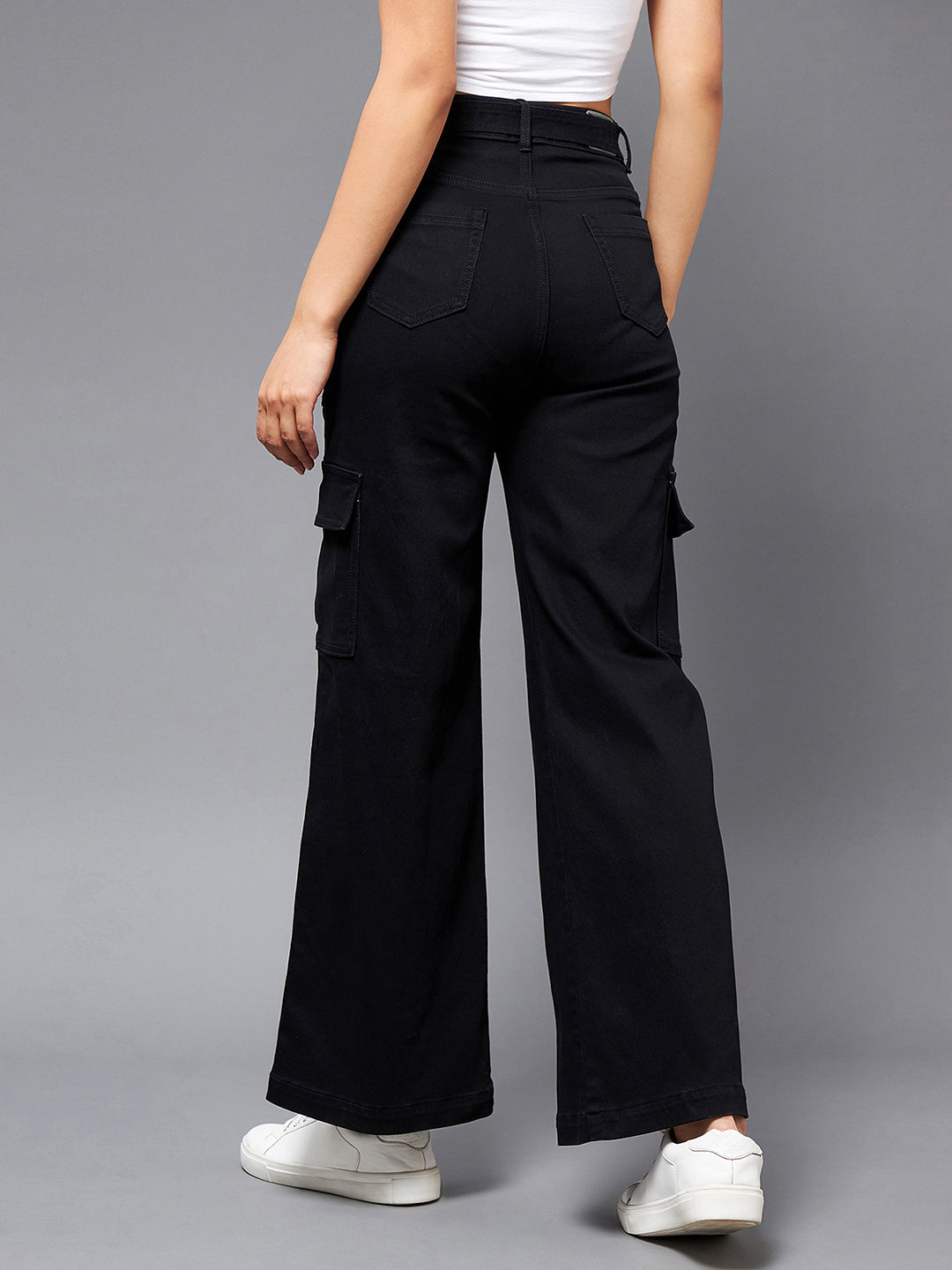 Black Wide-Leg High-Rise Stretchable Denim Jeans for Women