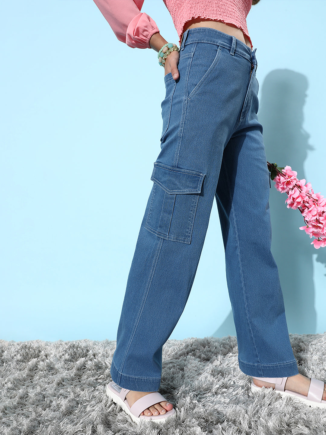 24/7 Comfort Blue Wide-Leg Cargo High-Rise Clean-Look Regular Stretchable Denim Jeans