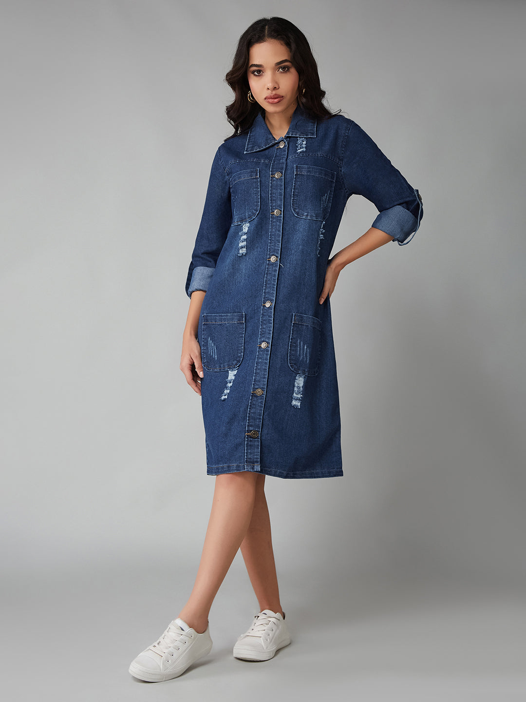 Women's Blue Collared-Neck Full-Sleeve Shirt Dress Styled Knee-Long Denim Jacket
