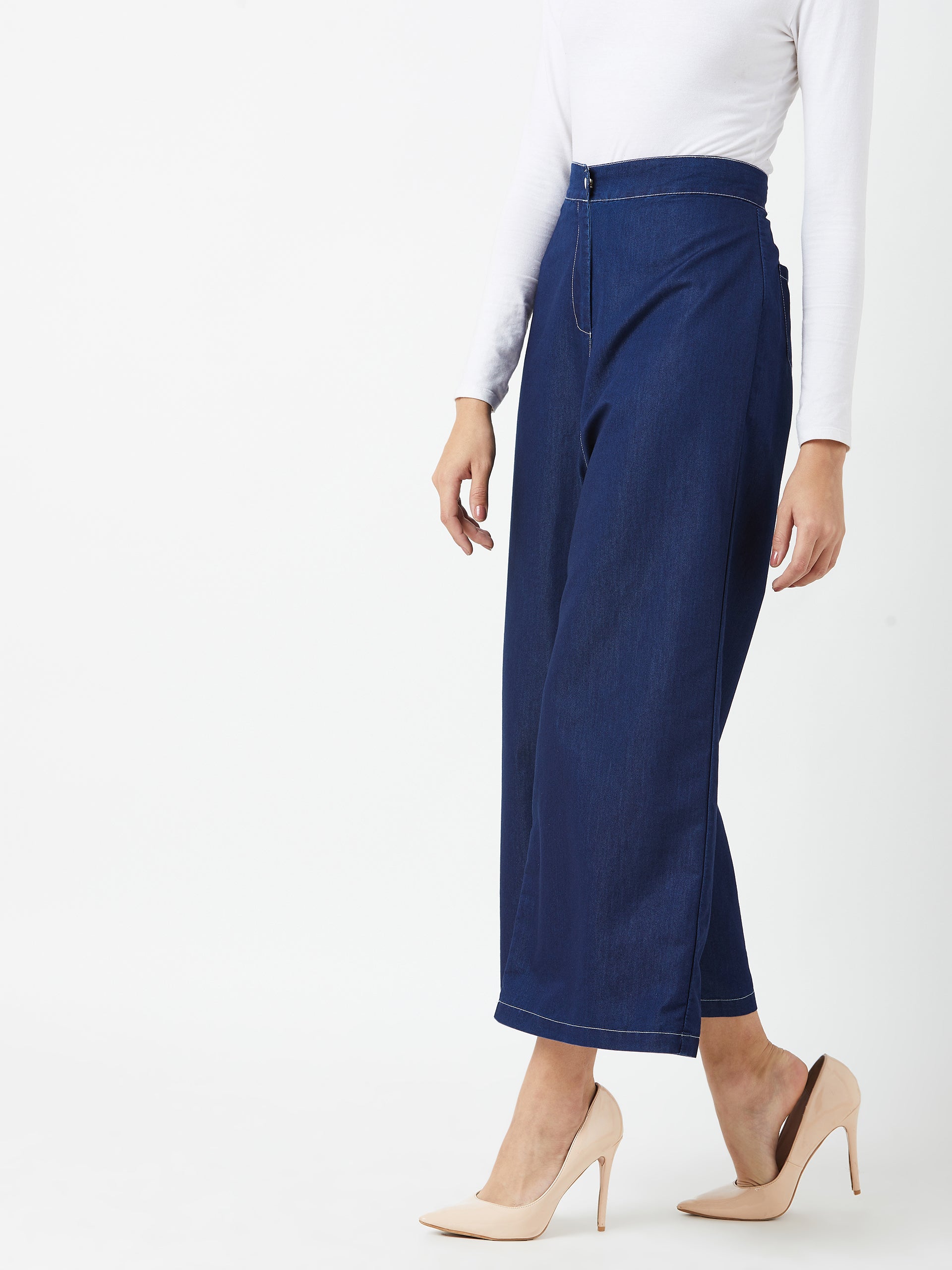 Women's Navy Blue Wide-Leg High-Rise Light Weight Clean-Look Regular Length Light Weight Denim Pants