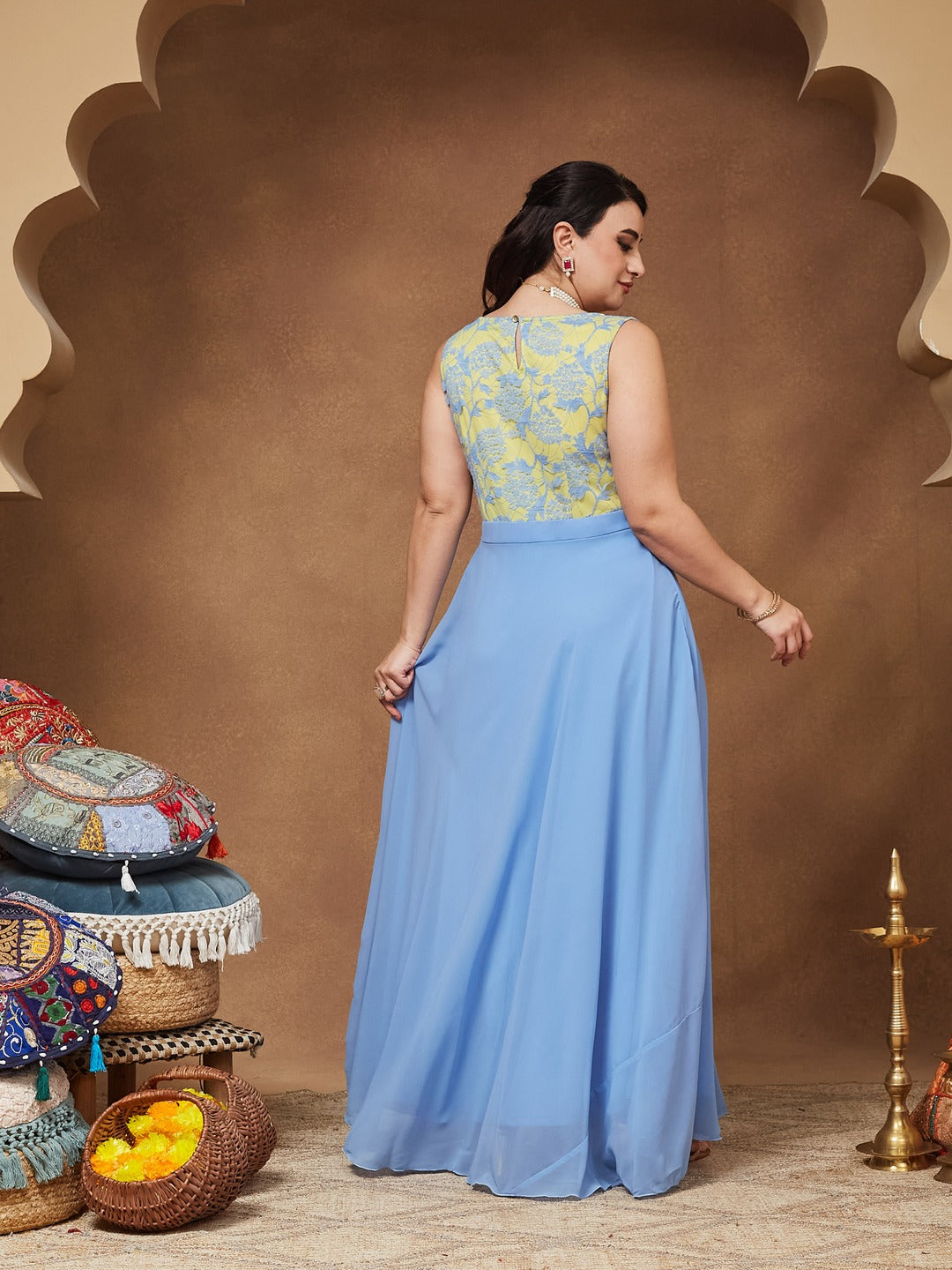 Sky Blue Round Neck Sleeveless Georgette & Lace Floral Fit & Flare Maxi Dress for Women — Miss Chase A+