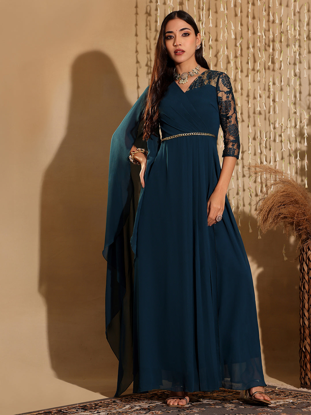 Women's Teal V-Neck Asymmetric Self-Designed Georgette Maxi Dress